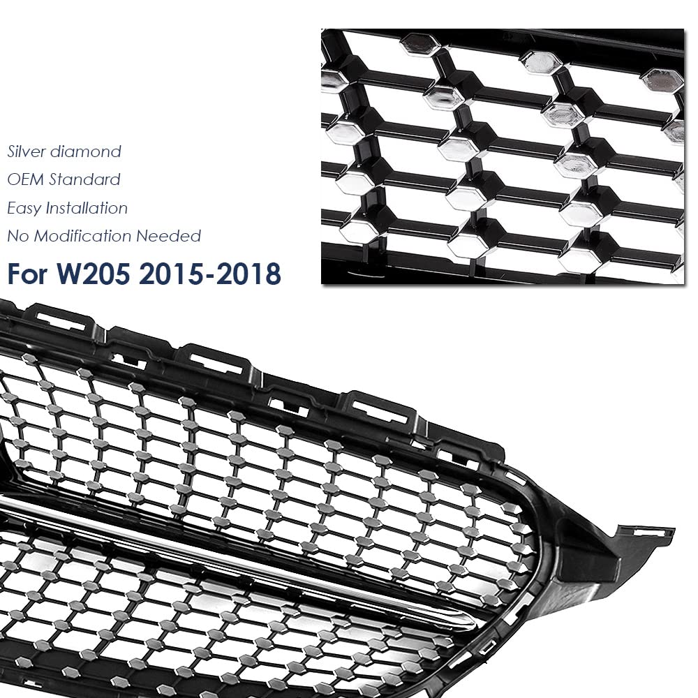 SNA W205 Silver Diamond Grille for 2015-2018 Mercedes C-Class (C250 C300 C350 C400) - Chrome Diamond Mesh Front Grill - Not Fit C63 AMG | Upgrade Your Car's Style for Street & Show