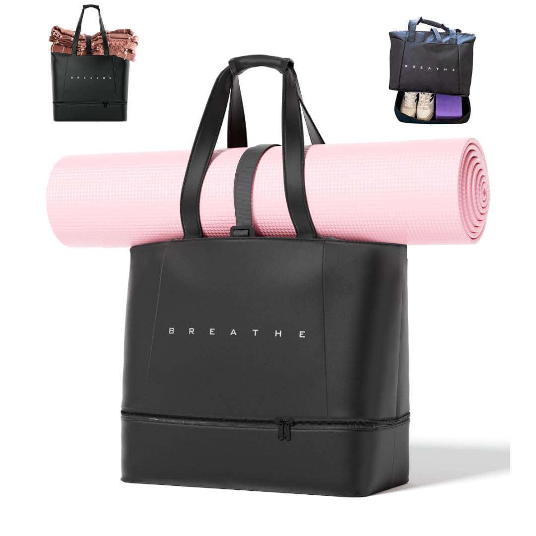 Large Waterproof Yoga Mat Bag for Women - Black Gym Bag with Yoga Mat Holder Strap & Shoe Compartment - Hot Yoga Travel Bag for Mat and Block - Perfect for Yoga Classes, Gym Workouts & Travel Organization