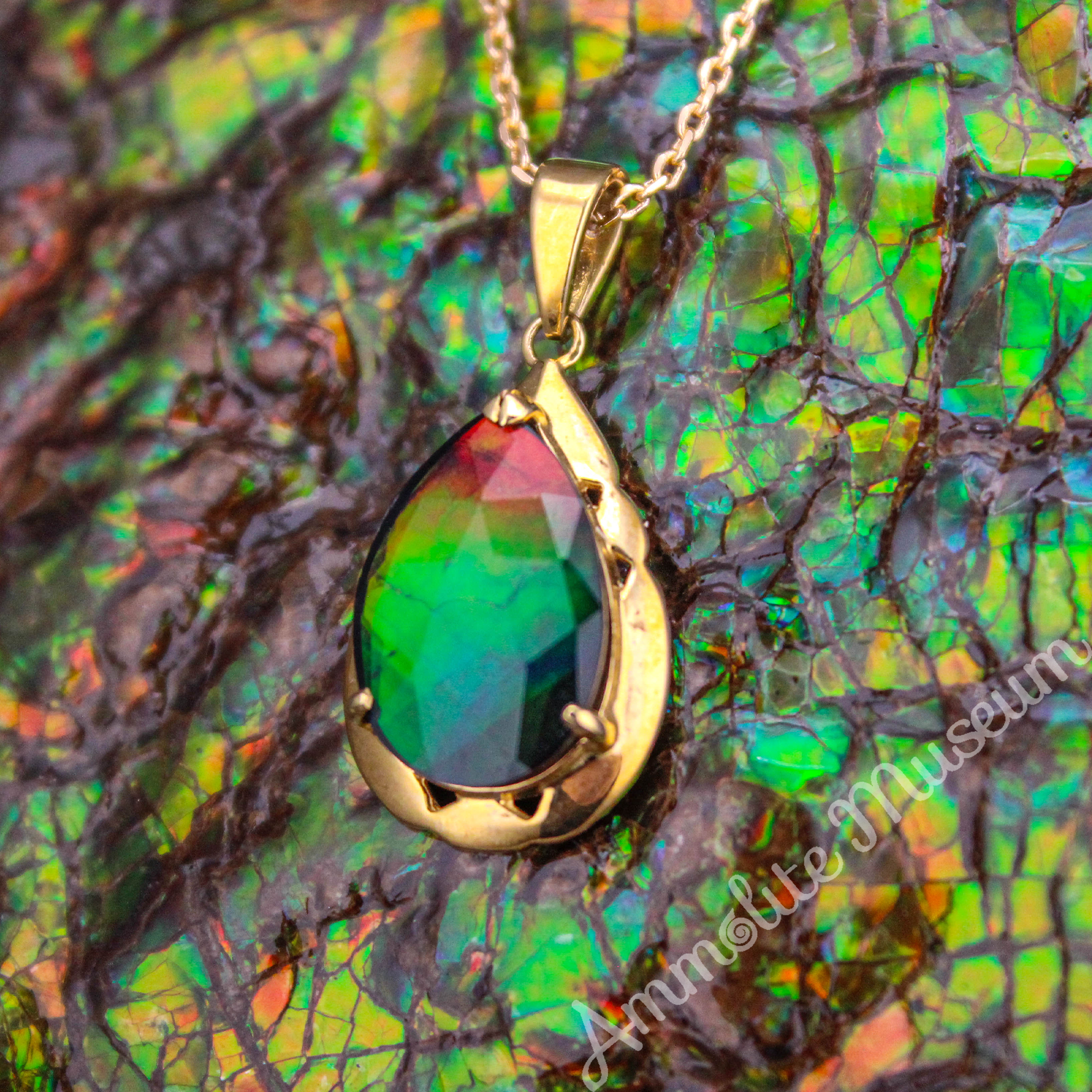 14K Gold Teardrop Ammolite Pendant Necklace - Natural Gemstone Jewelry for Women, Elegant Gift for Birthday, Anniversary & Special Occasions