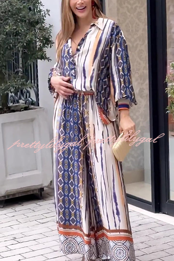 Stylish Printed Long Sleeve Shirt & Elastic Waist Loose Pocket Pants Set - Casual Outfit for Women | Perfect for Work, Travel and Everyday Wear