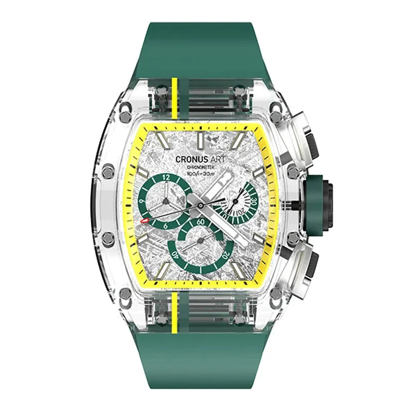 CRONUSART Men's Chronograph Watch - Tonneau Sapphire Crystal Case, Automatic Mechanical Wristwatch with Luminous Hands, Fluororubber Strap & Meteorite Dial | Perfect for Business, Formal Events & Outdoor Adventures