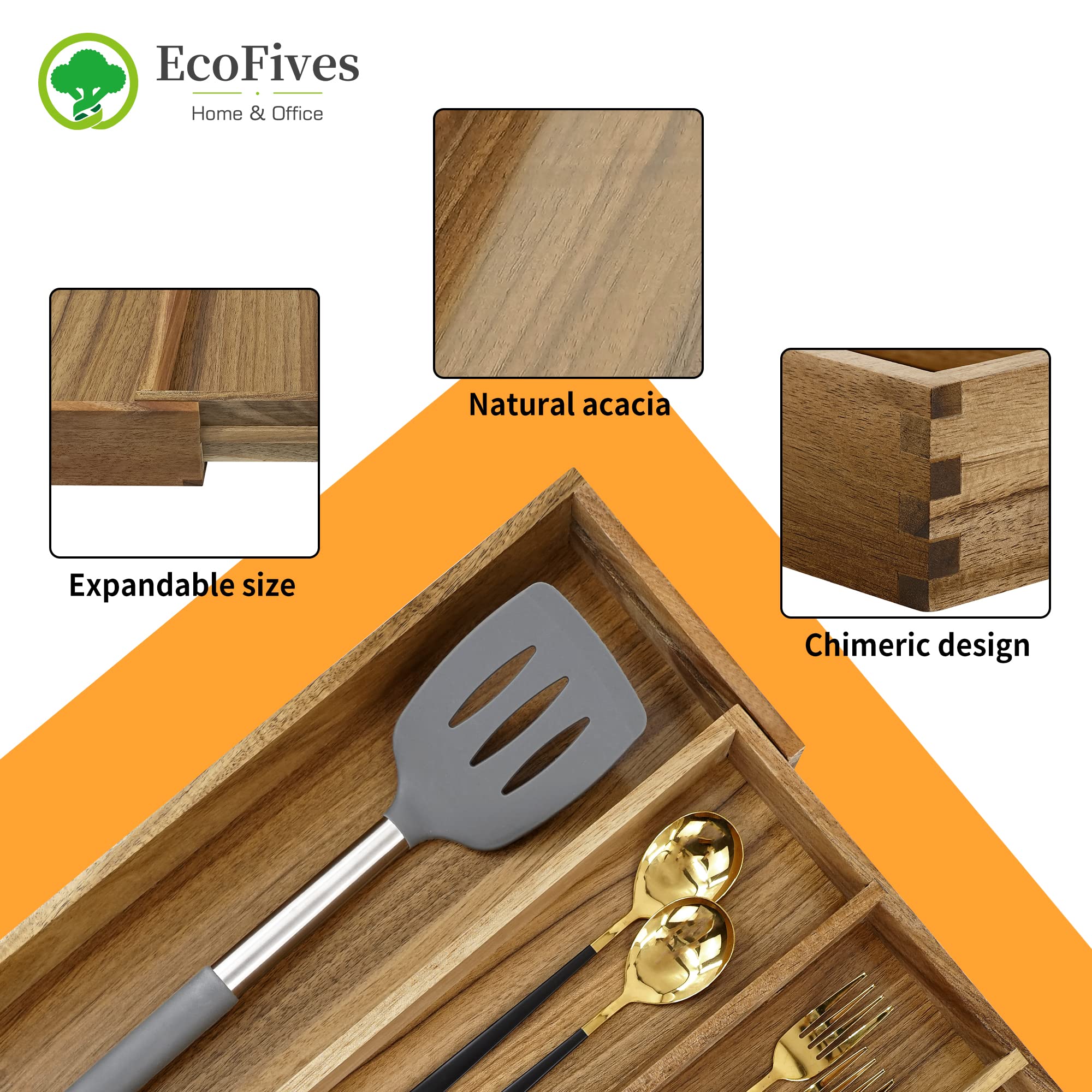 Premium Acacia Wood Silverware Organizer - 5-Slot Kitchen Drawer Organizer for Utensils & Flatware with Adjustable Grooved Dividers | Perfect for Dining Room Storage & Kitchen Organization