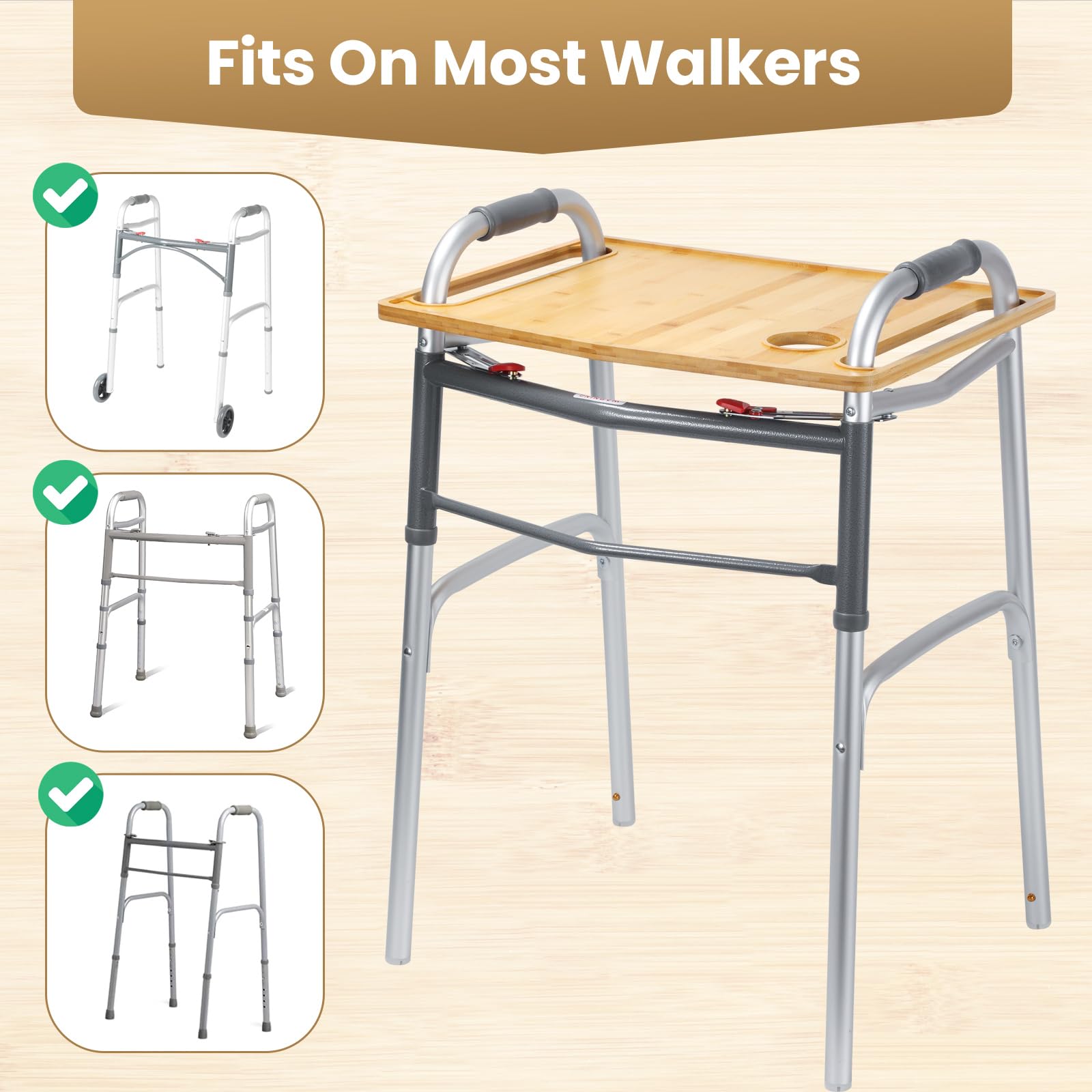Walker Tray with Cup Holder - Adjustable Bamboo Tray Table for Seniors, Crafts & Laptops - Lightweight Walker Accessories for Mobility Aids, Bedside & Wheelchair Use (Bamboo Wood)