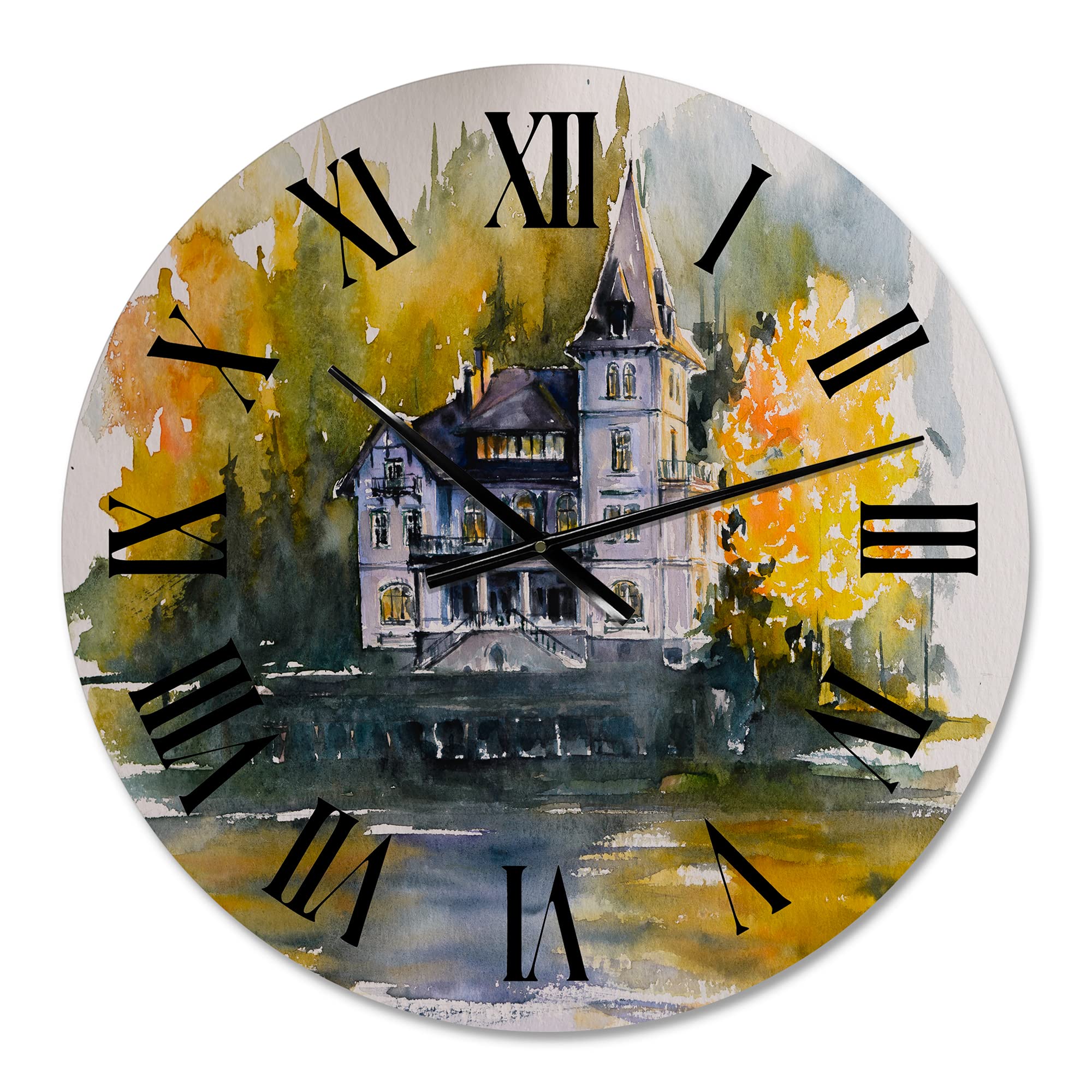 Castle by The Lake with Autumn Trees Wall Clock - Large Landscape Nature Wall Decor for Kitchen, Living Room, Bedroom - Perfect for Home, Office & Cabin Decor