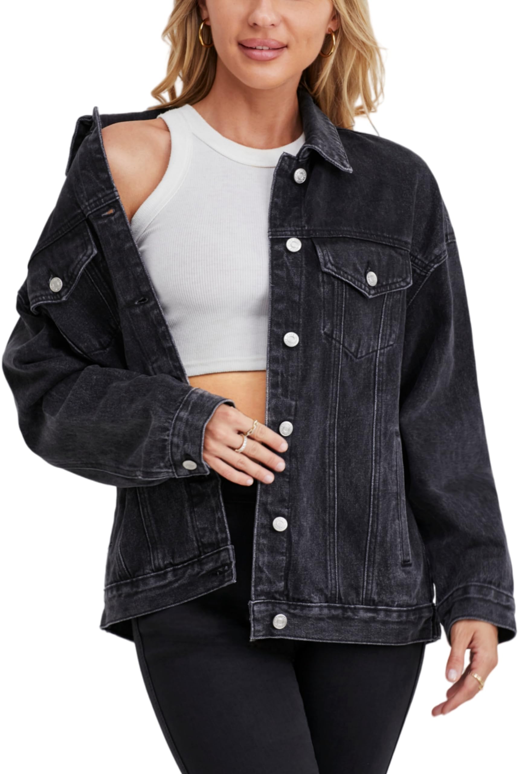 Trendy Oversized Denim Jacket for Women - Loose Long Boyfriend Style Jean Coat | Casual Outfit, Streetwear Fashion, Spring & Fall Layering Essential
