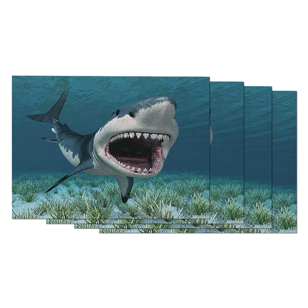 WONDERTIFY 3D Great White Shark Placemats Set of 4 - Large 12x18 Inch Heat & Stain Resistant Dining Table Mats with Underwater Predator Attack Design - Perfect for Ocean Theme Parties, Kitchen Decor & Shark Lovers