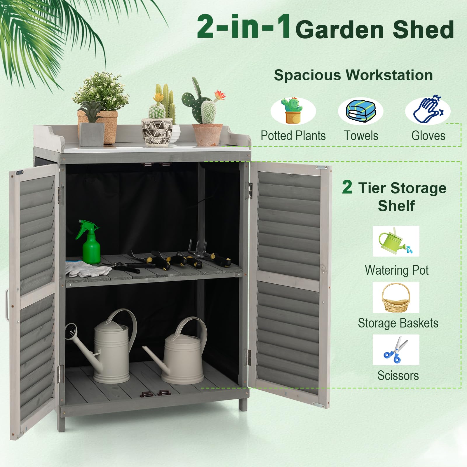 **AFSTAR Outdoor Potting Bench with Metal Tabletop & 2 Storage Shelves – Waterproof Garden Tool Shed, Wooden Potting Table for Patio & Backyard – Grey | Perfect for Gardening, DIY Projects & Outdoor Storage**