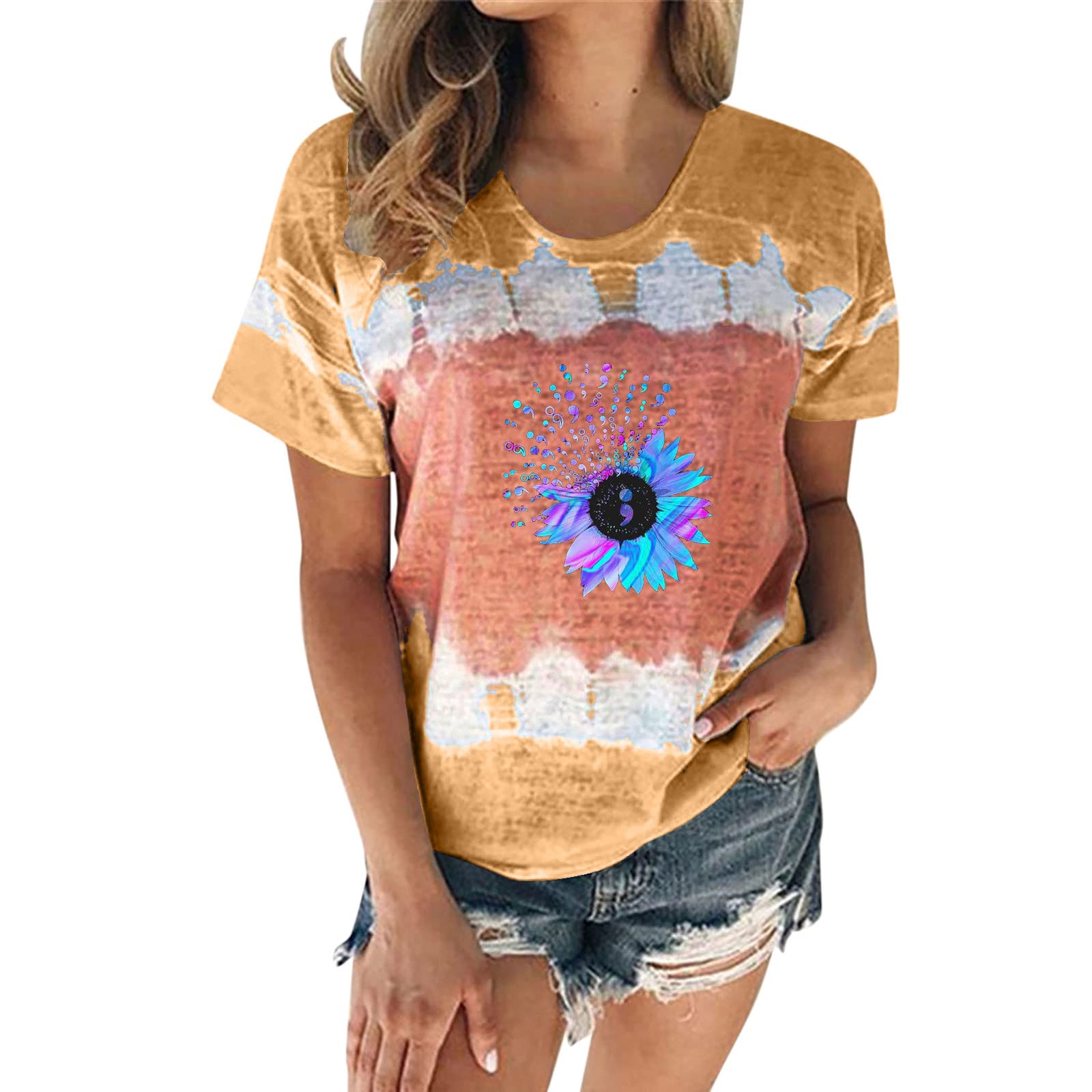 Women's Casual Tie-Dye Floral Print Short Sleeve T-Shirt - Round Neck Blouse Top for Summer Outfits, Beach Wear & Everyday Fashion