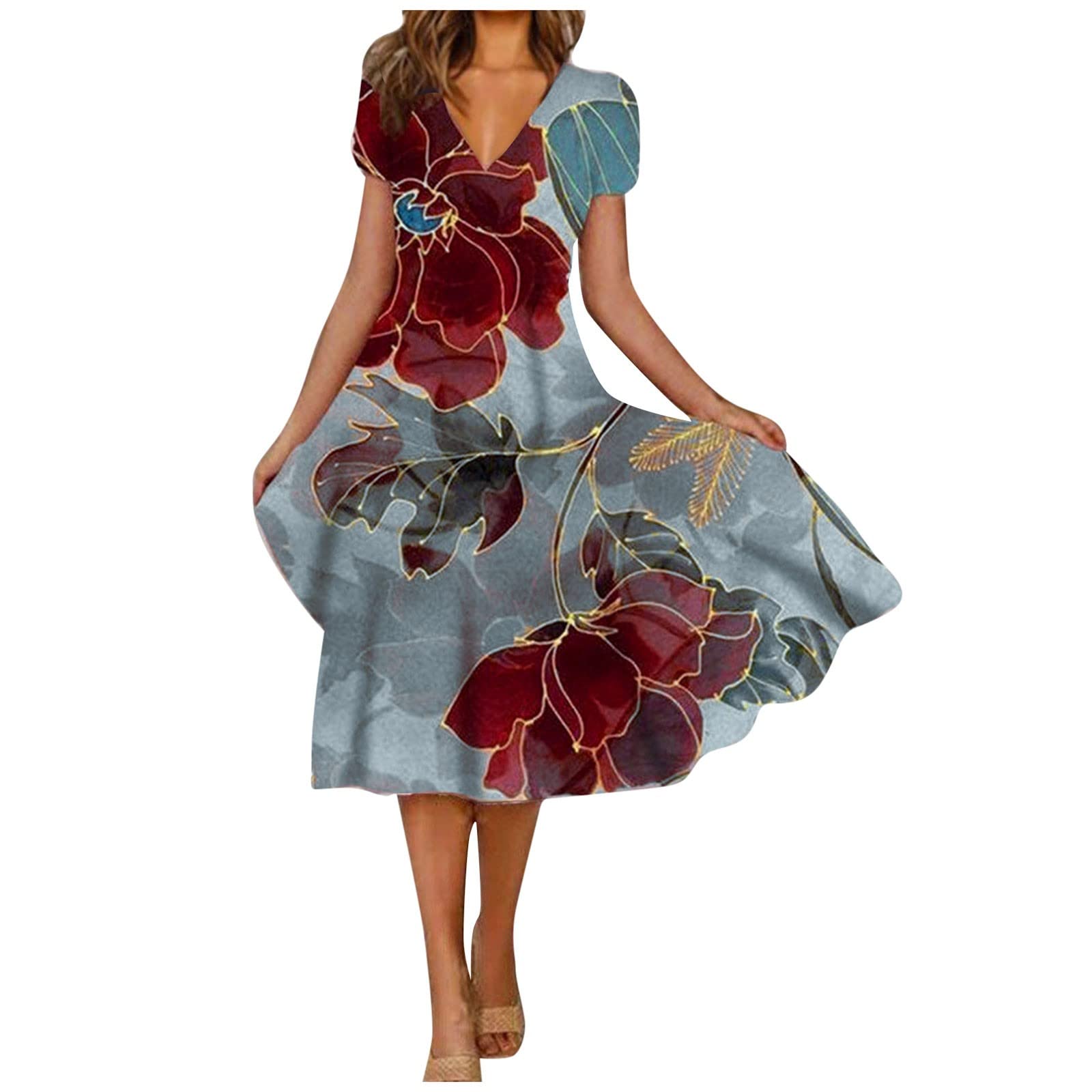 Women's Floral Print Short Sleeve V-Neck Midi Dress - Flowy Casual Sundress for Beach, Vacation & Summer Outfits