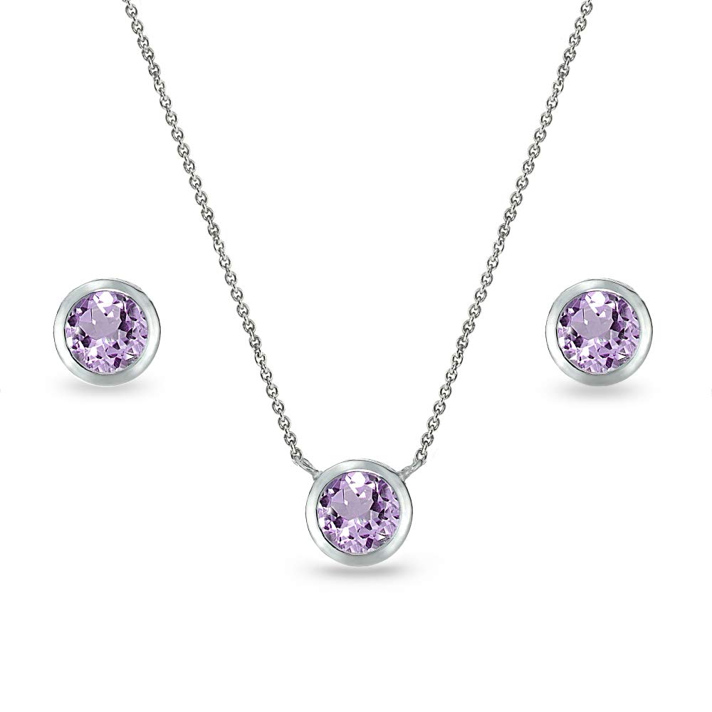 Women's Jewelry Sets - Sterling Silver Necklace & Earrings with 5mm Round Bezel Birthstone (Genuine/Synthetic Gems) | Perfect Gift for Birthday, Anniversary & Everyday Elegance
