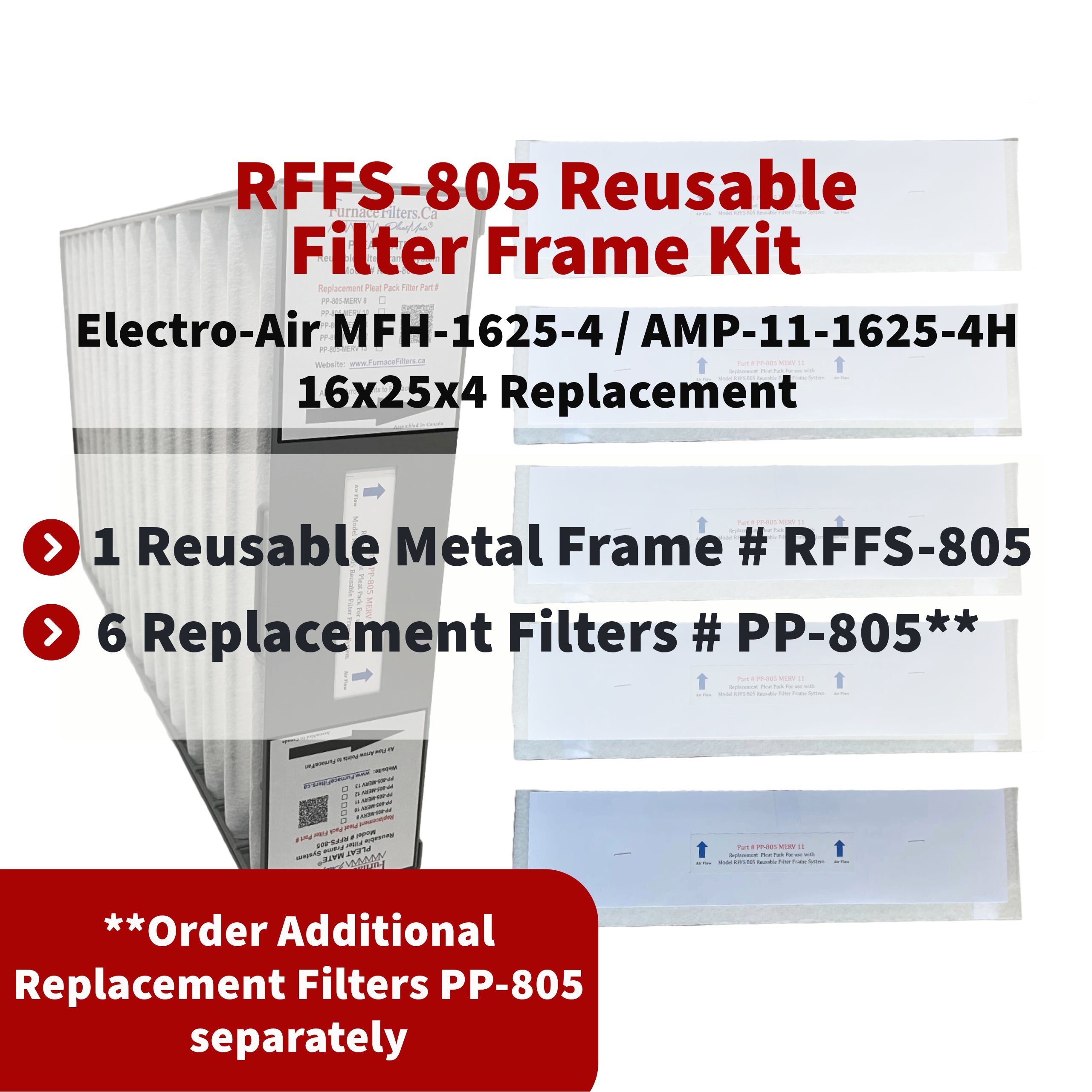 Electro Air MFH 1625 4H Reusable Filter Frame System Kit with Lifetime Frame (Model RFFS 805) & 6 MERV 11 Replacement Filters (Part PP 805) - Ideal for HVAC Systems, Air Purifiers, and Home Air Quality Improvement