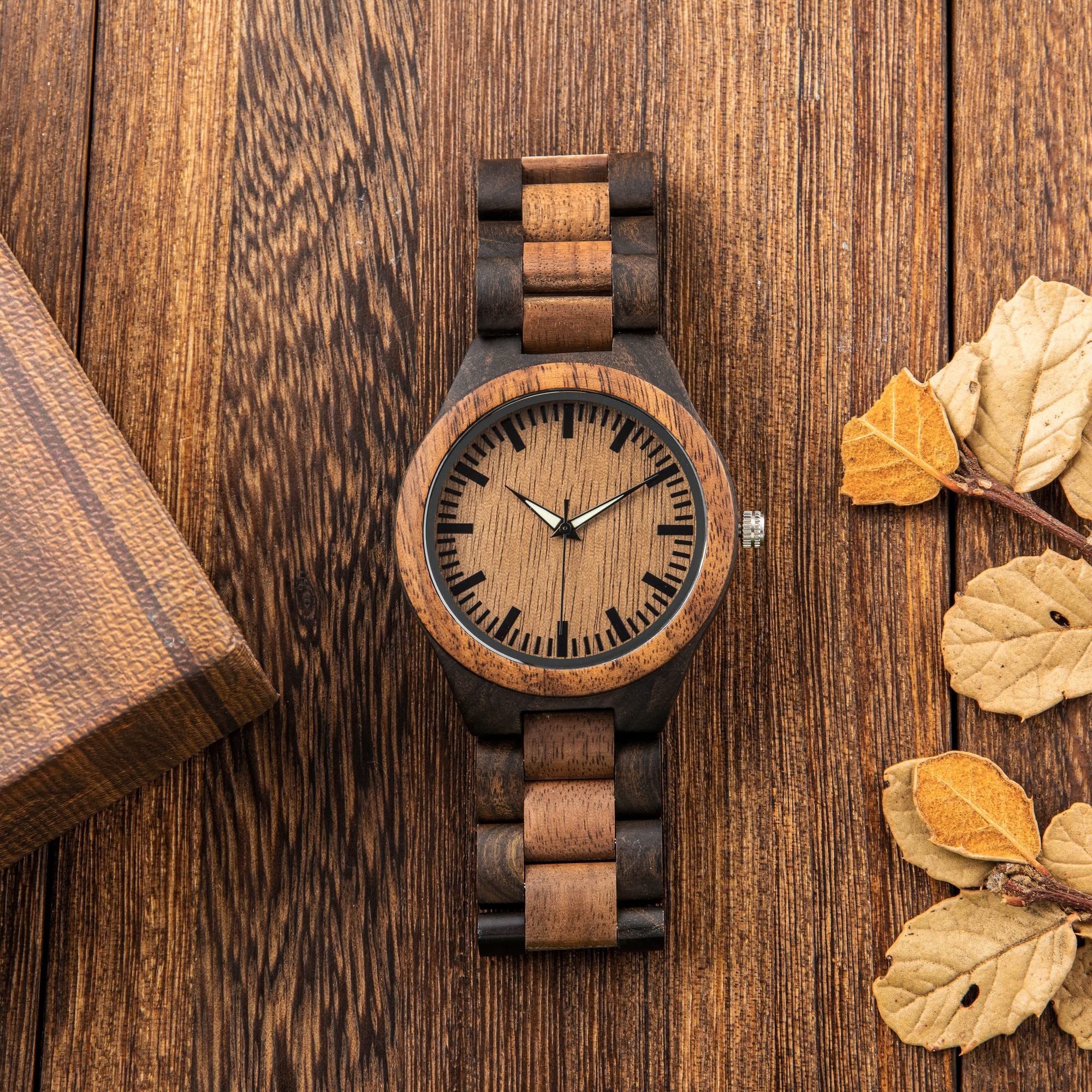 Custom Engraved Wooden Watch for Men - Personalized Walnut & Ebony Wood Watch with Luminous Hands - Anniversary, Birthday, Father's Day Gift for Husband, Dad, Son - Perfect for Casual Wear, Outdoor Adventures & Special Occasions