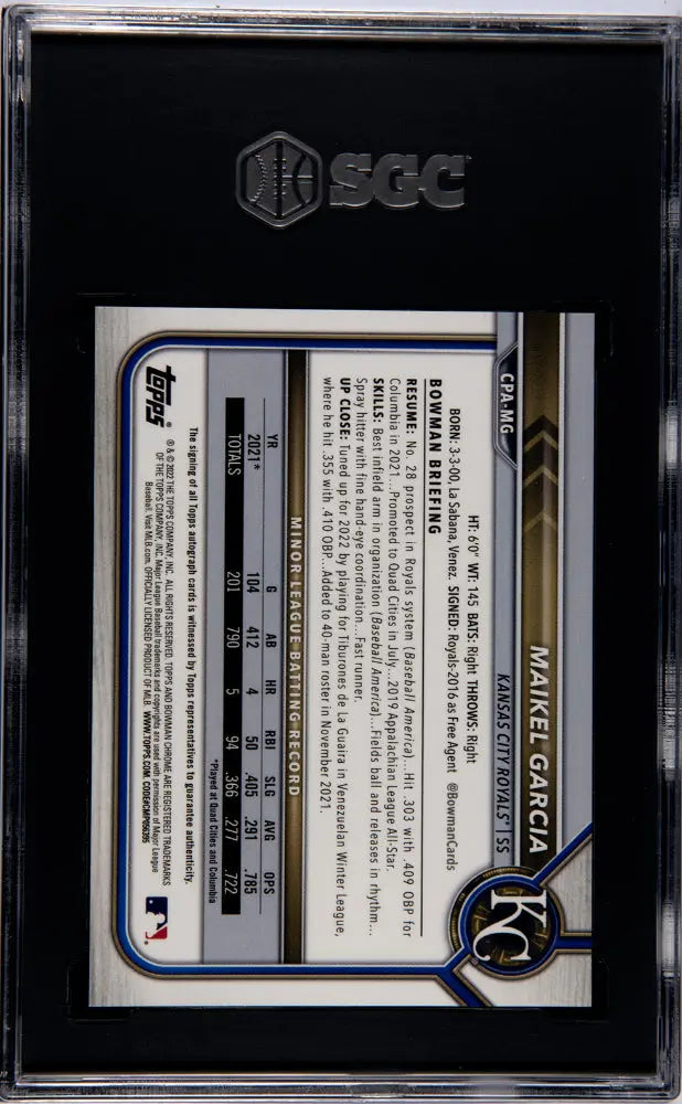 2022 1st Bowman Chrome Maikel Garcia Rookie Auto SGC 10 Gem Mint Baseball Card #CPA-MG - Perfect for Collectors & Sports Memorabilia Displays