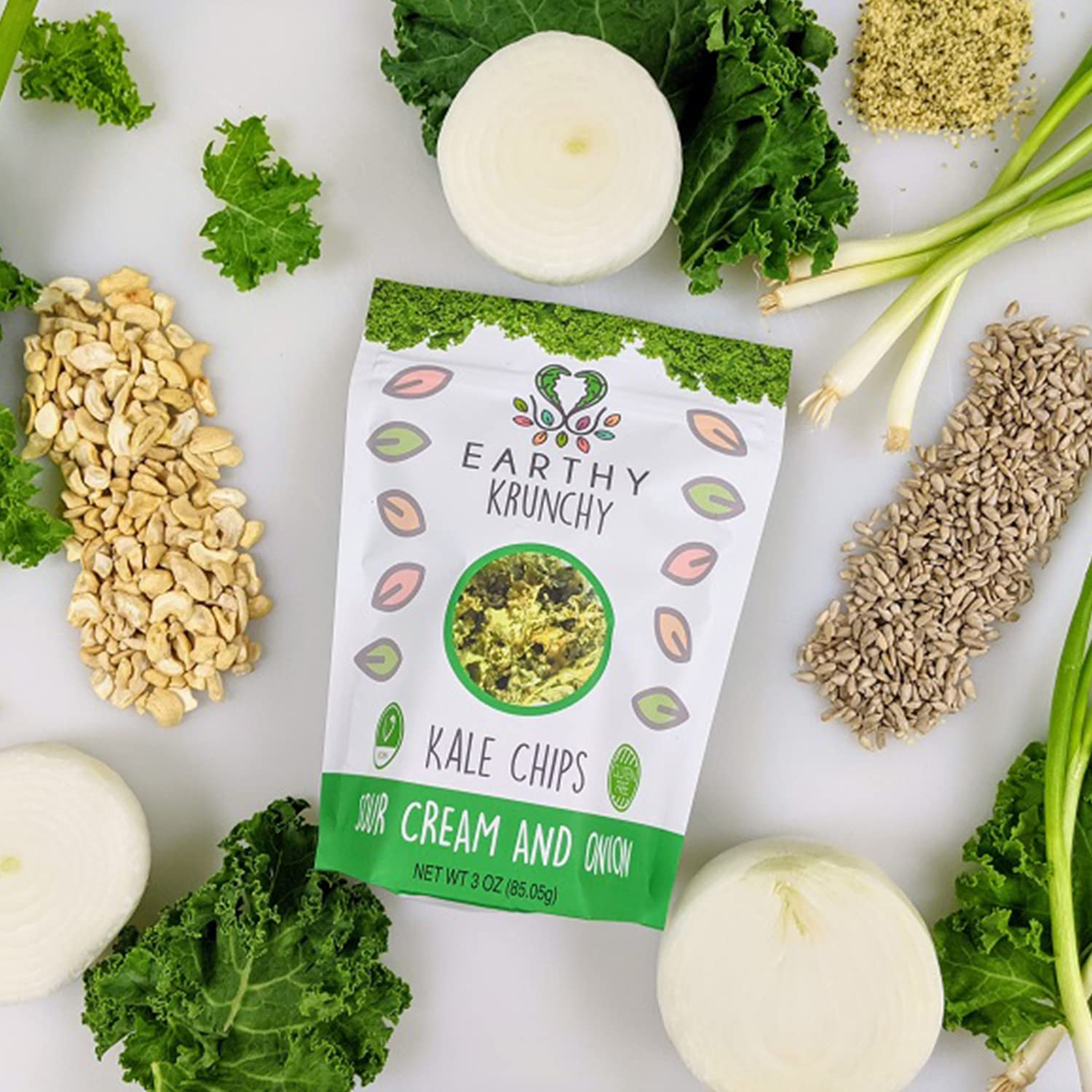 Organic Kale Chips - Sour Cream & Onion Flavor | High Protein Vegan Snack | Gluten-Free, No Sugar or Preservatives | Crunchy Dehydrated Kale Snacks for Healthy Lifestyle, Office Snacking & On-the-Go Nutrition