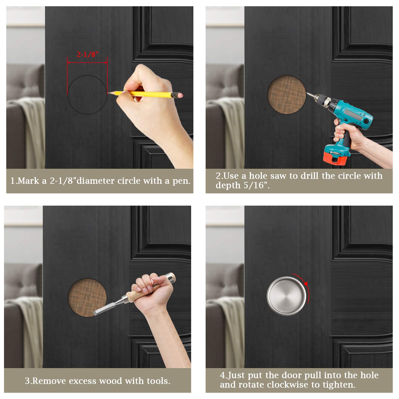 6 Pack Satin Nickel Round Closet Door Finger Pulls - 2-1/8