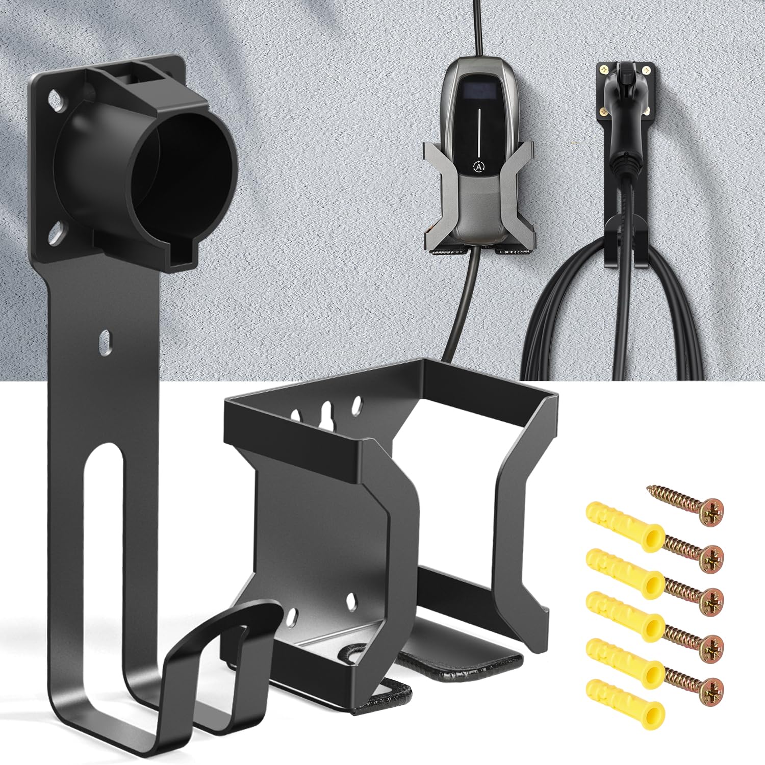 BMZX J1772 EV Charger Holder - Wall Mount Kit & Cable Organizer for Electric Car Charging Station - Nozzle Holster Dock & J-Hook - Perfect for Home & Public Charging Stations