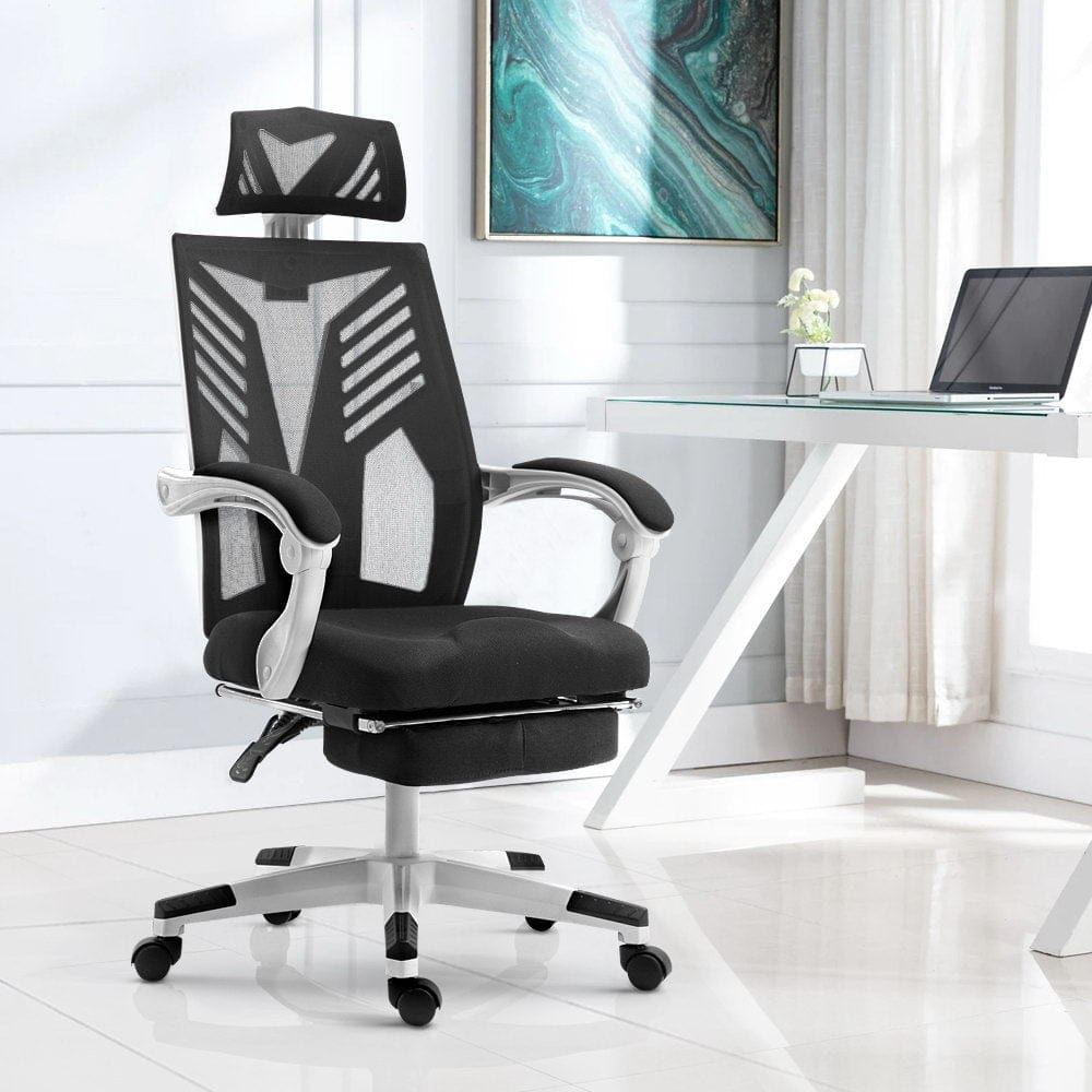 Artiss Ergonomic Mesh Office Chair with Adjustable Recliner - Black & White - Perfect for Home Office, Gaming & Workspace Comfort