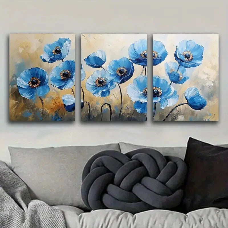 3-Piece Abstract Blue Poppies Modern Metal Wall Art - Ready to Hang Canvas Prints for Living Room, Bedroom & Office Decor