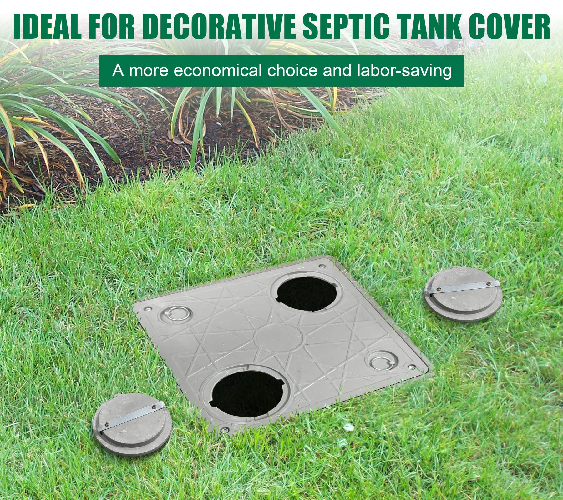 20x20in Lockable Anti-Theft FRP Manhole Cover with 2 Pipe Holes - 24x24in Reinforced Steel Sewer Cover Frame - Non-Slip Recessed Square Septic Tank Lid with Handles for Underground Utility Access, Drainage Systems & Stormwater Management
