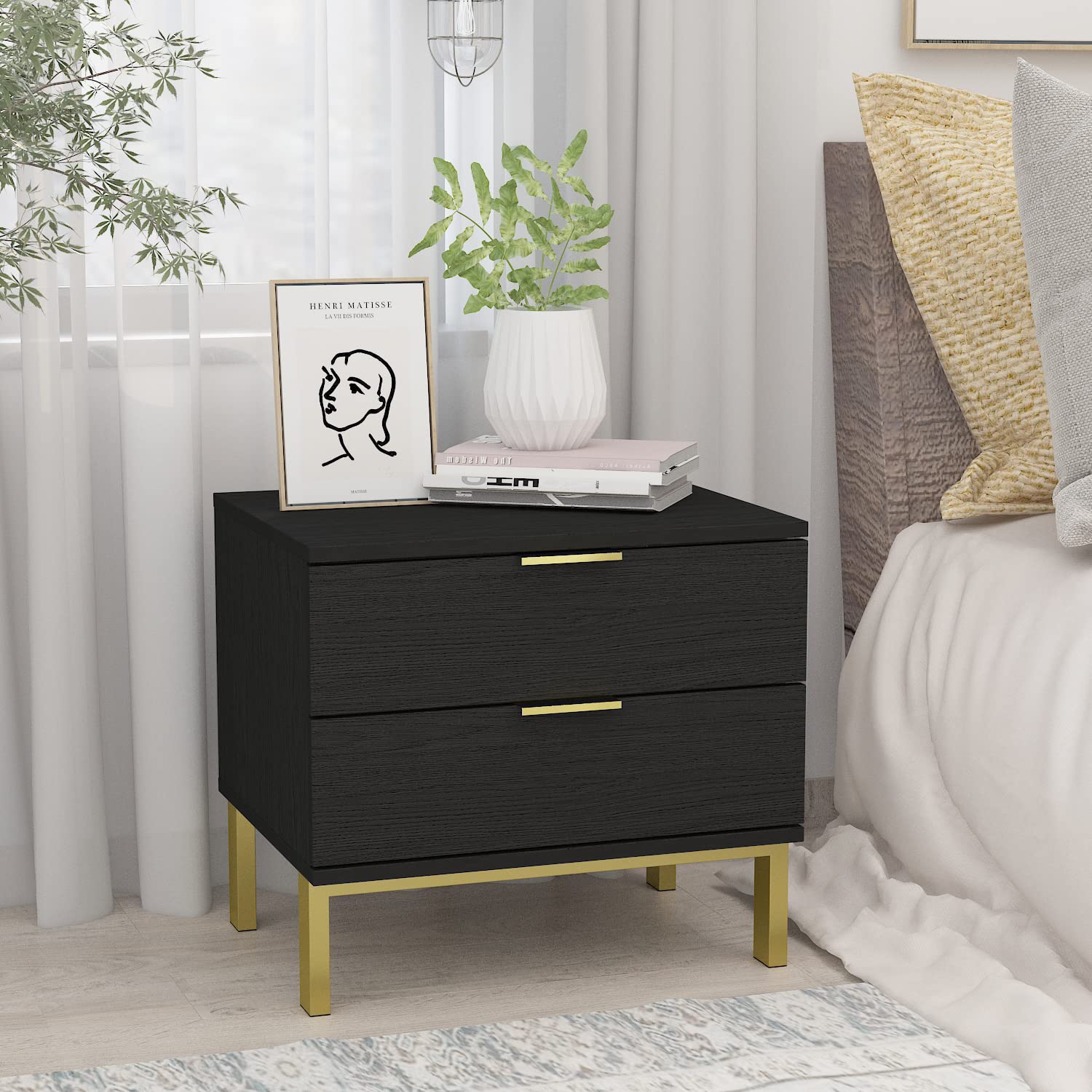 Hitow 2-Drawer Black Nightstand with Golden Metal Legs - Modern Bedside Table & End Table for Bedroom, Living Room - Compact Storage Solution (Set of 2, 19.7