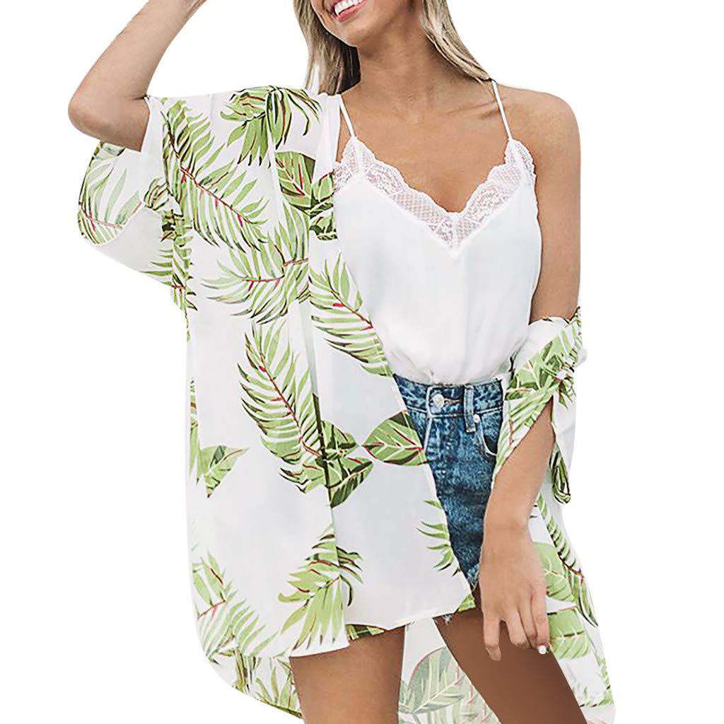 Women's Chiffon Print Loose Blouse Kimono Top Shawl Beach Cardigan Sheer Outwear for Summer Vacation, Poolside, and Evening Cover-Up