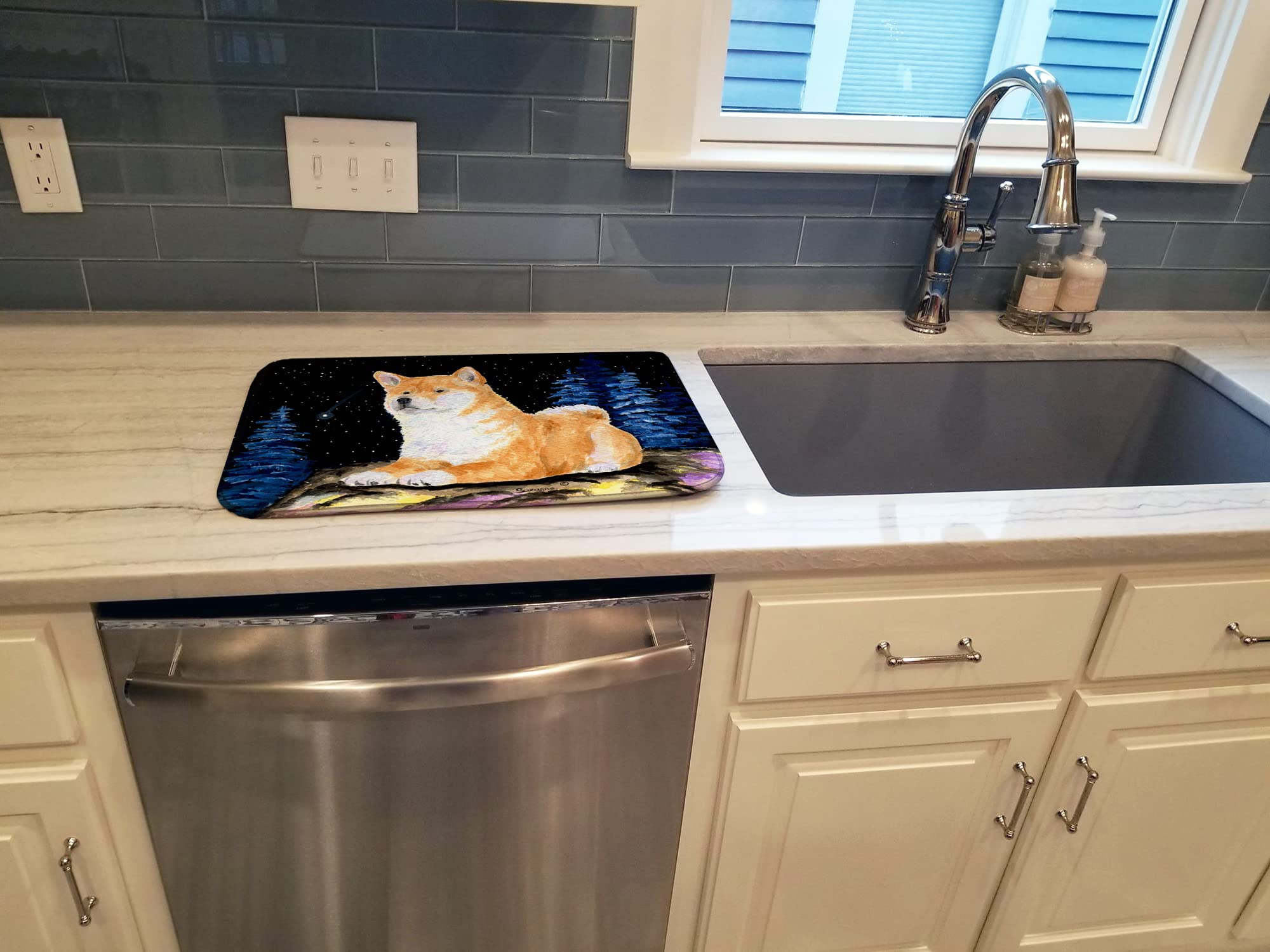 Starry Night Shiba Inu Dish Drying Mat - Absorbent Kitchen Counter Pad (14x21