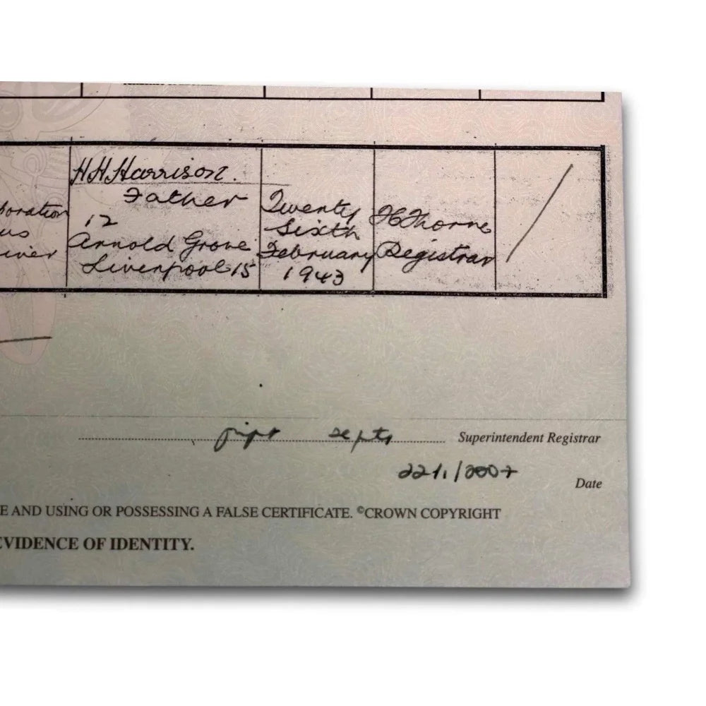 George Harrison Authentic Certified UK Birth Certificate Copy - The Beatles Memorabilia for Collectors & Fans | Perfect for Displays, Gifts & Beatles Enthusiasts