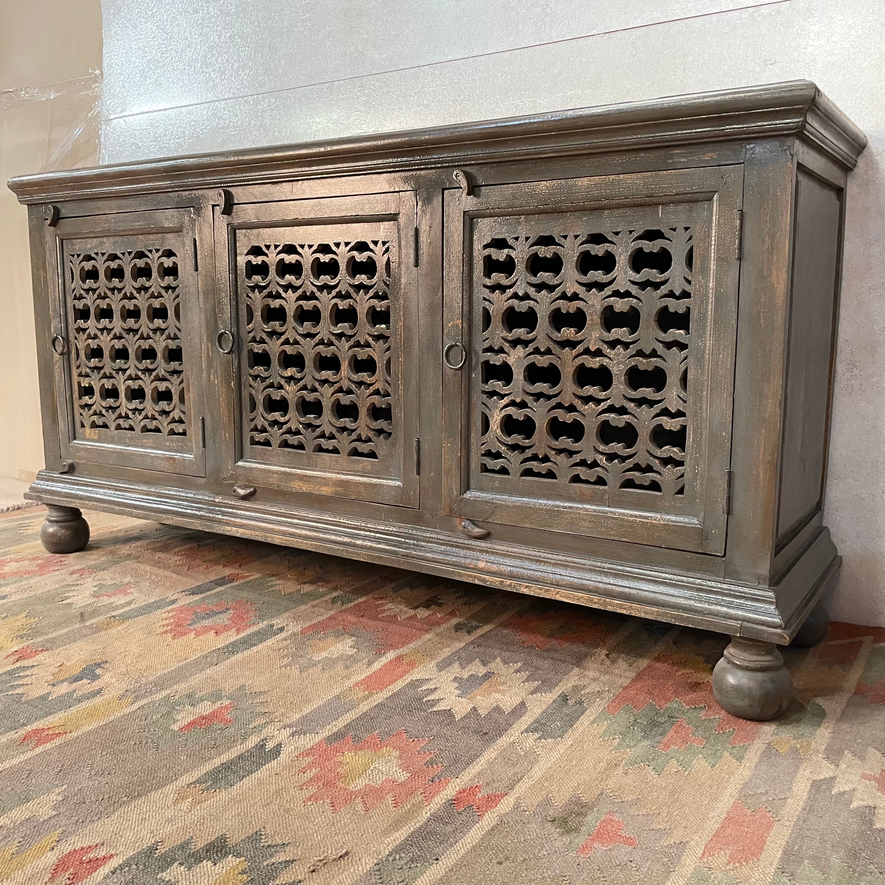 Handmade Solid Wood Carved Indian Sideboard with Jali Doors - Grey Finish, 72.4