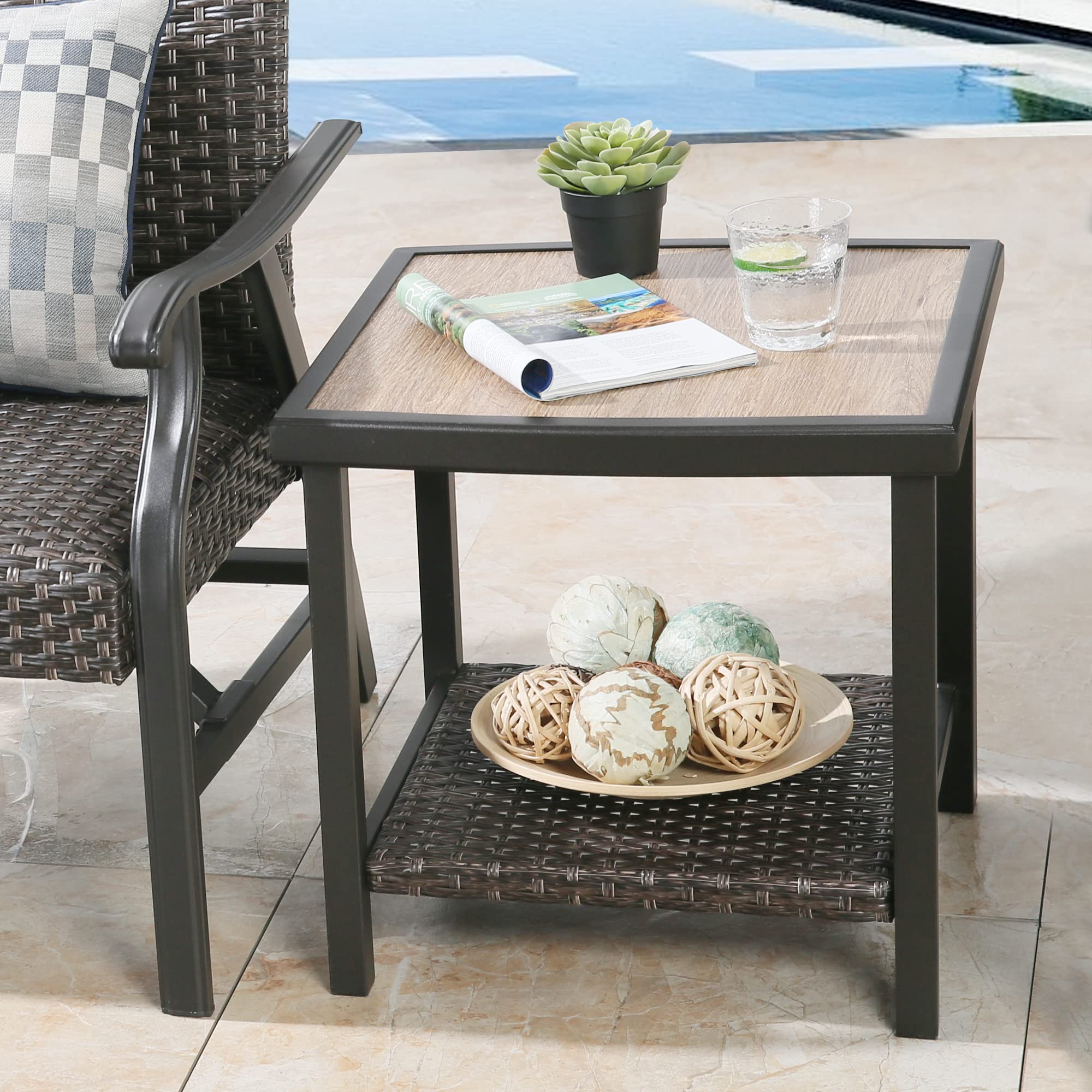 Ulax Outdoor Patio Side Table with Lower Shelf - Durable Wicker Coffee Table for Garden, Balcony & Poolside - Perfect for Drinks, Books & Decor