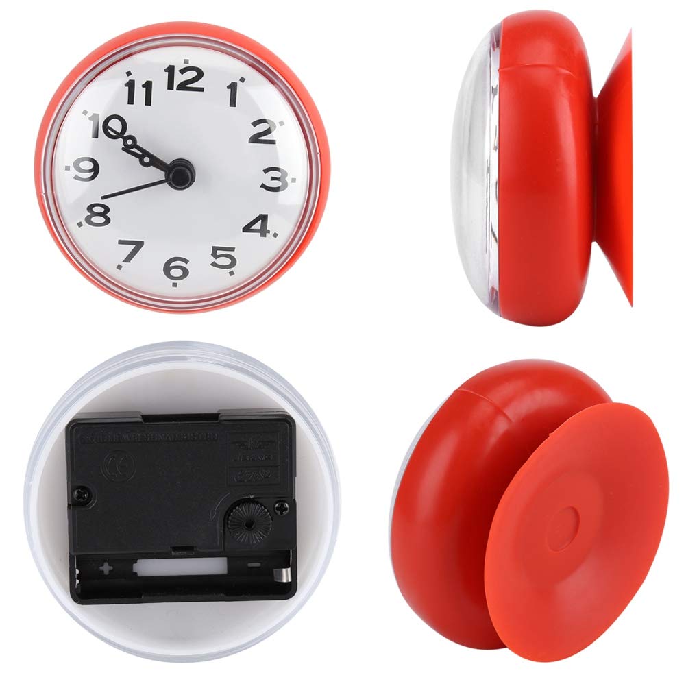 Waterproof Suction Cup Wall Clock - Round Arabic Digital Dial for Bathroom & Kitchen (Red)