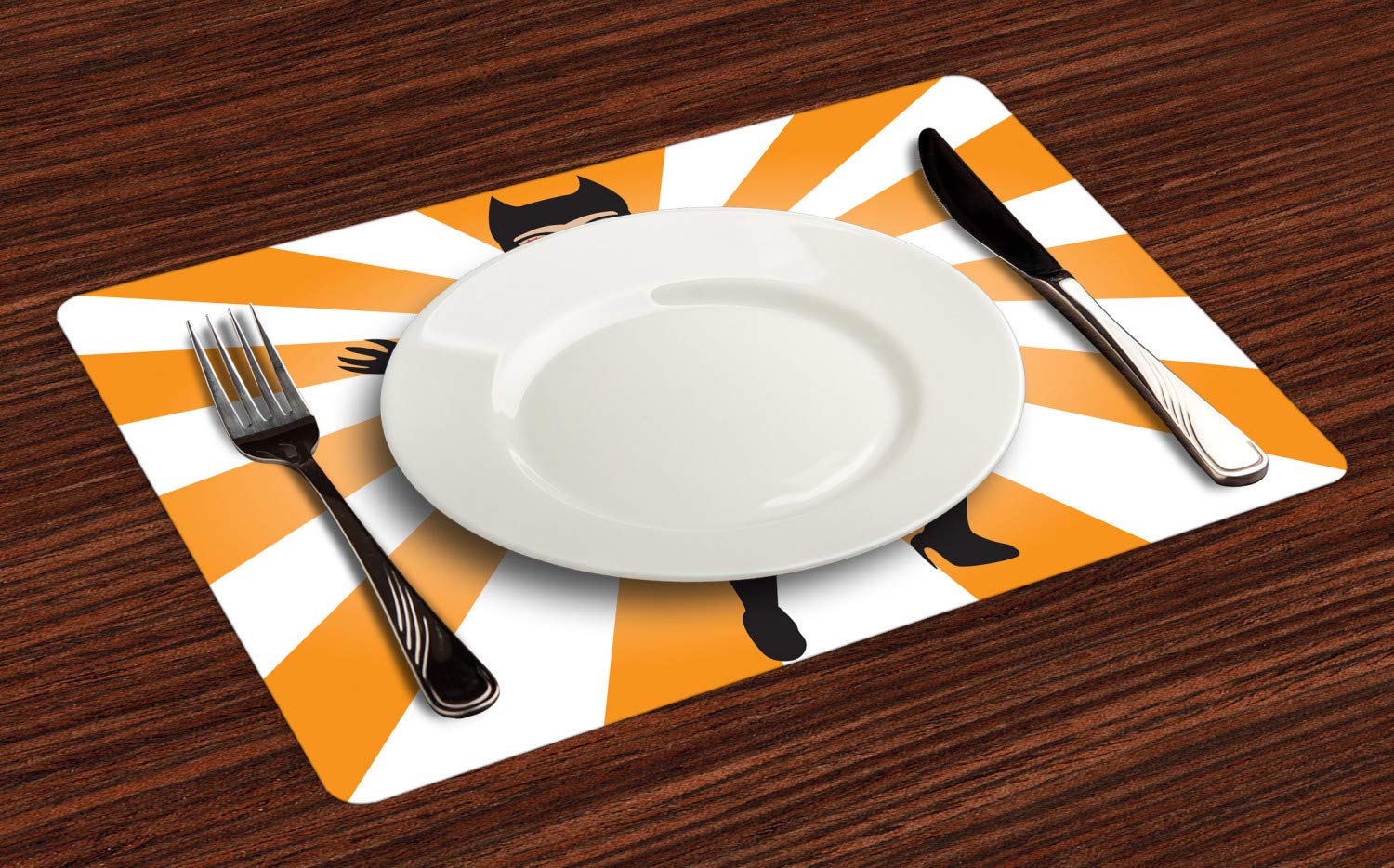 Ambesonne Retro Cat Woman Halloween Place Mats Set of 4 - Washable Fabric Dining Table Mats for Kitchen & Dining Room Decor in Pale Orange, Ecru, Laurel Green & Charcoal Grey - Perfect for Halloween Parties, Themed Dinners & Retro Home Decor