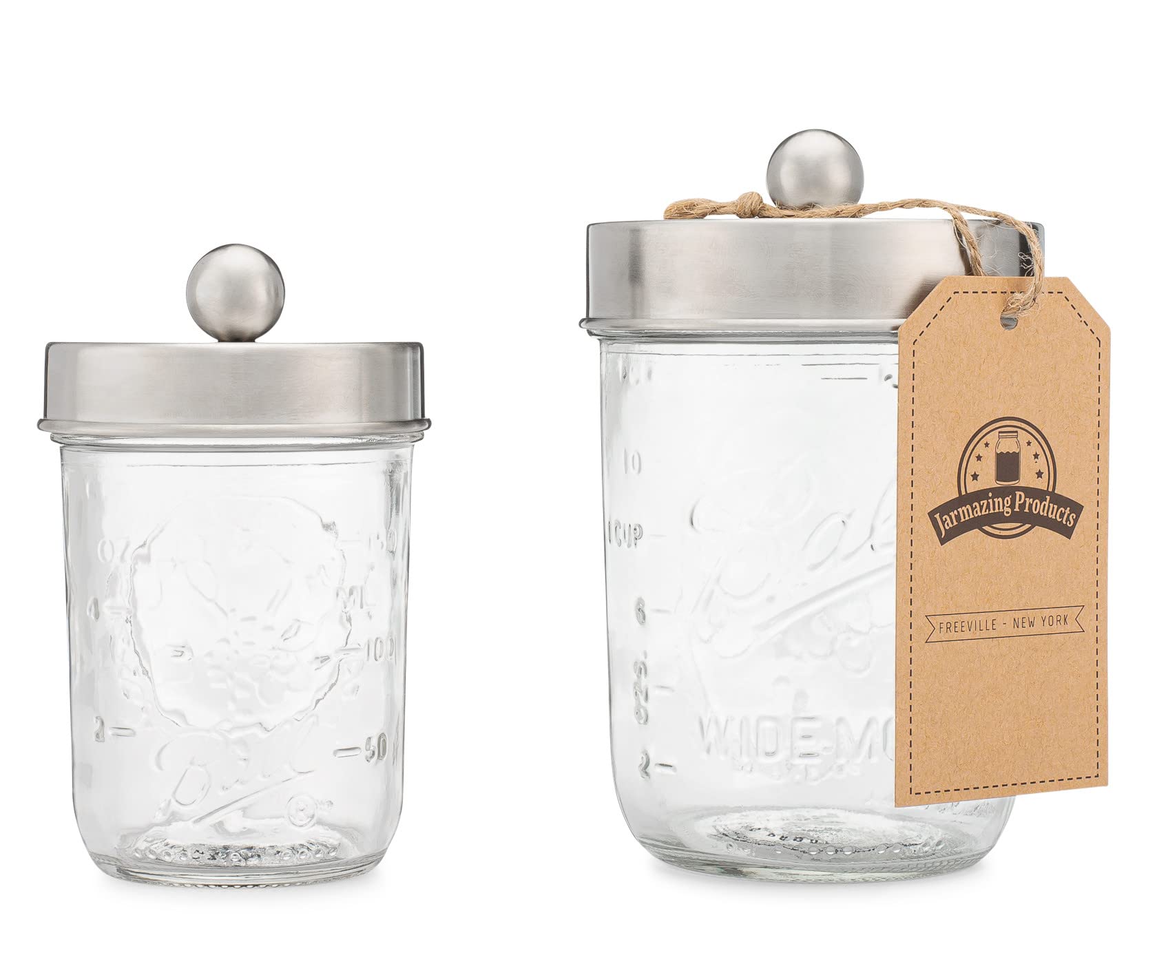 Jarmazing Apothecary Lid Storage Set with Ball Mason Jars - Farmhouse Home Decor for Vanity, Bathroom & Kitchen Organization - Stainless Steel 2-Pack - Perfect for Bath Essentials, Spice Storage & Office Supplies