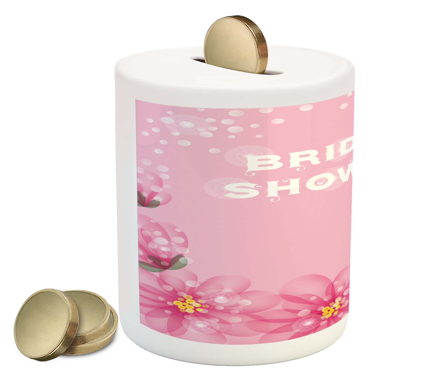 Ambesonne Bridal Shower Piggy Bank - Floral Wedding Theme Ceramic Coin Bank with Abstract Petals & Dots Design in Hot Pink & Pale Pink | Perfect for Wedding Gifts, Bridal Showers & Cash Savings