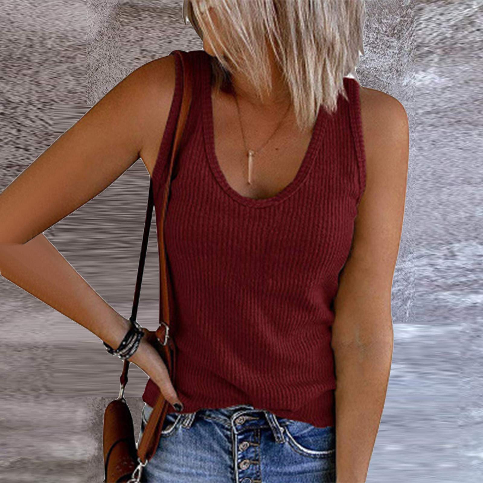 WUAI Women's U-Neck Waffle Knit Tank Top - Summer Casual Sleeveless Loose Blouse & Vest - Plus Size T-Shirts for Women - Perfect for Beach, Yoga, and Everyday Wear