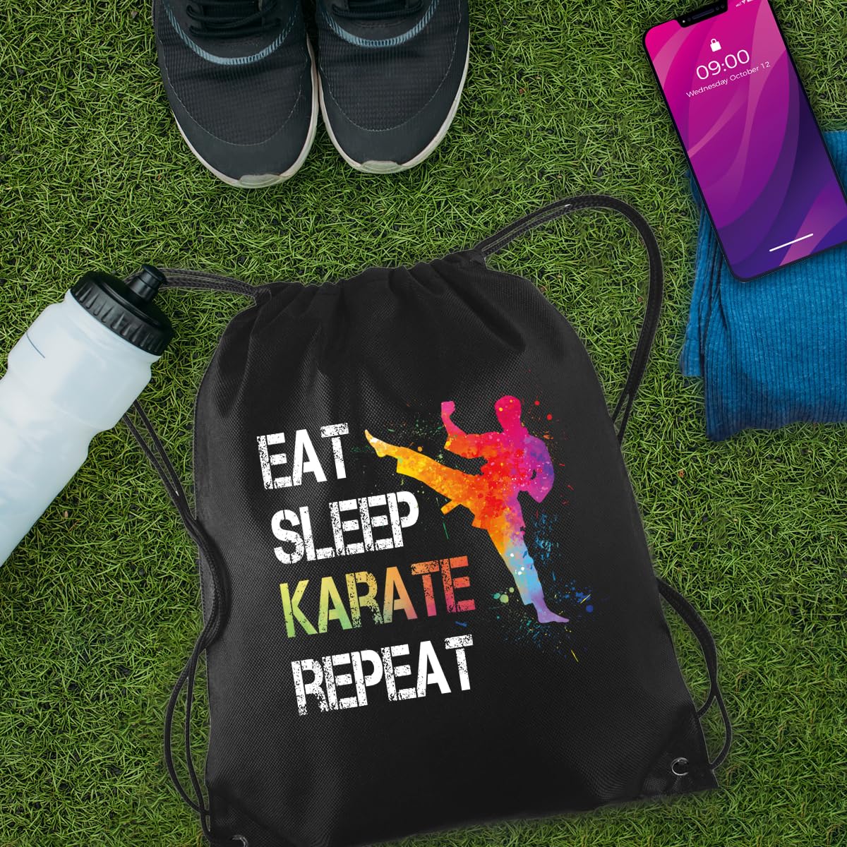 Eat Sleep Karate Repeat Drawstring Backpack - Waterproof Sports Sackpack for Karate Lovers - Funny Birthday Christmas Gift for Men & Women - Perfect for Gym, Martial Arts Training & Travel Accessories