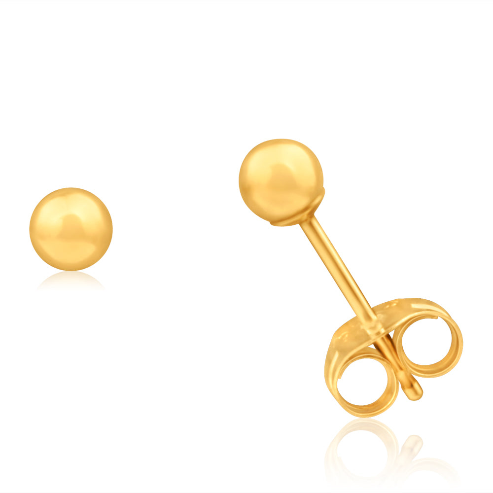 9ct Yellow Gold 3mm Ball Stud Earrings - Classic Minimalist Jewelry for Everyday Wear, Gifts & Special Occasions