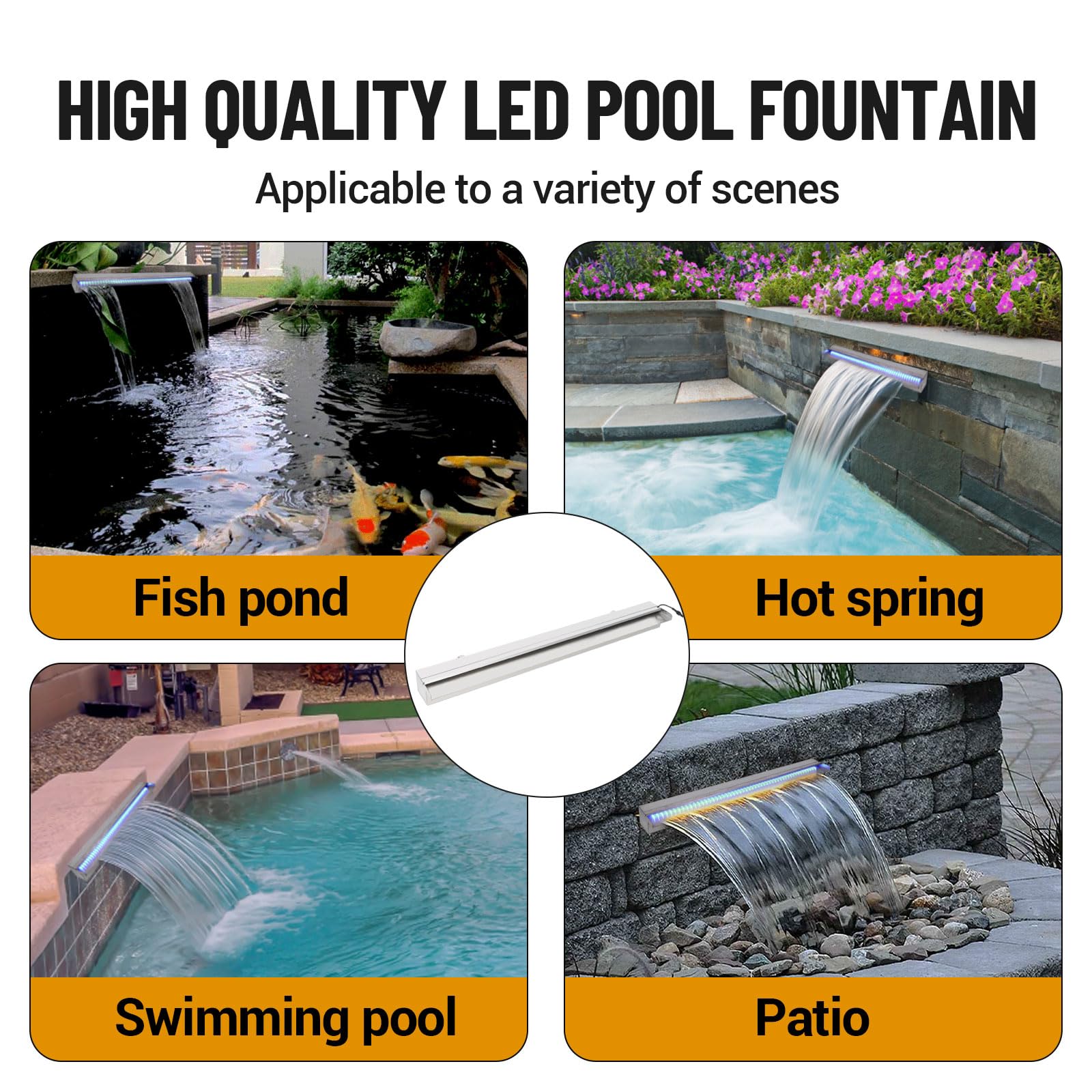 GARVEE 36x4.7x3.2 Inch Stainless Steel Pool Waterfall with LED Lights | Outdoor Water Fountain & Rectangular Spillway for Pools, Gardens | Premium Remote Control LED Water Feature for Backyard, Patio Decor