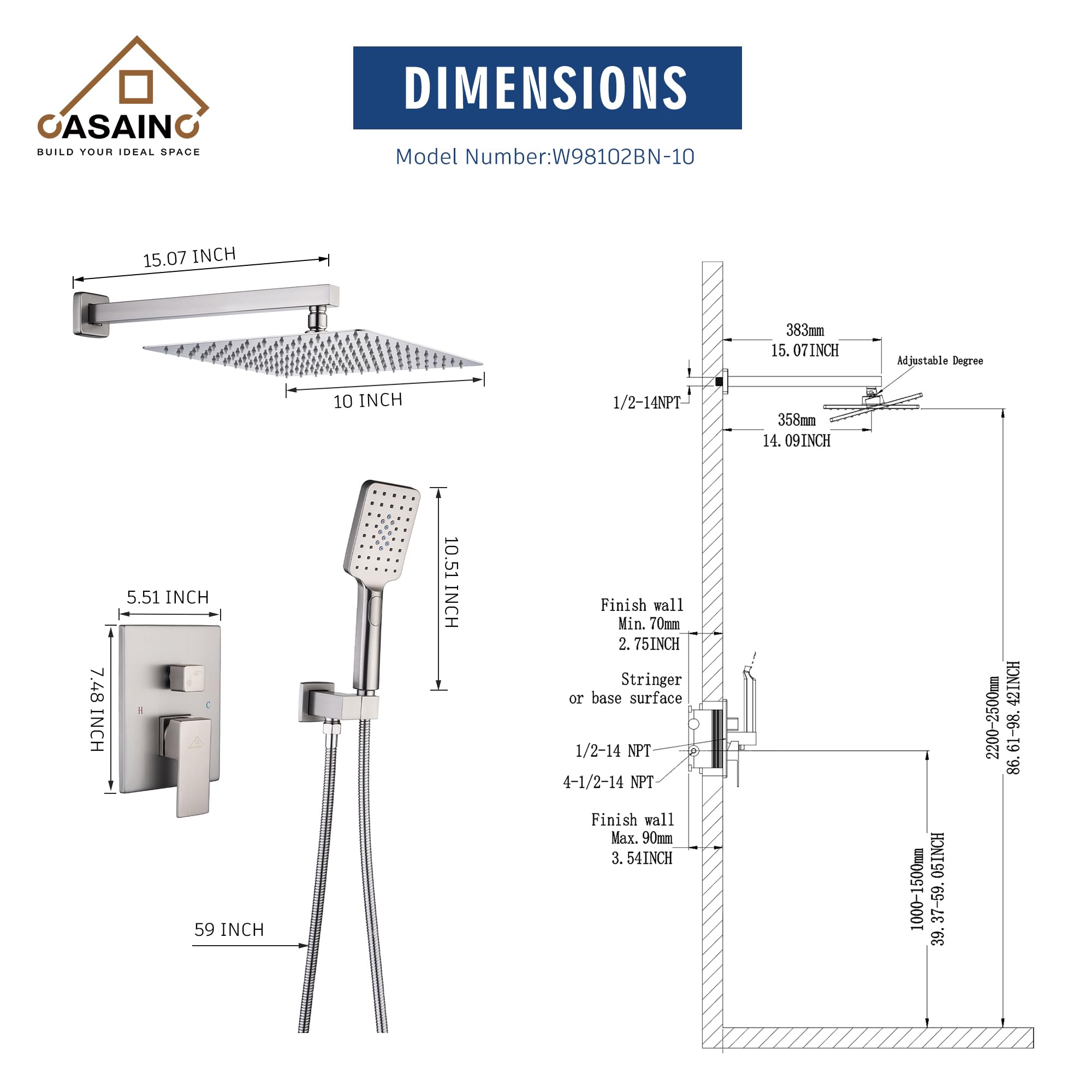 CASAINC 10 Inch High Pressure Brushed Nickel Shower System - Wall Mounted Square Rainfall Shower Head with Handheld Spray & Anti-Scald Valve for Luxurious Bathroom Upgrade | Perfect for Modern Homes, Spa-Like Experience, Water Saving & Easy Installation