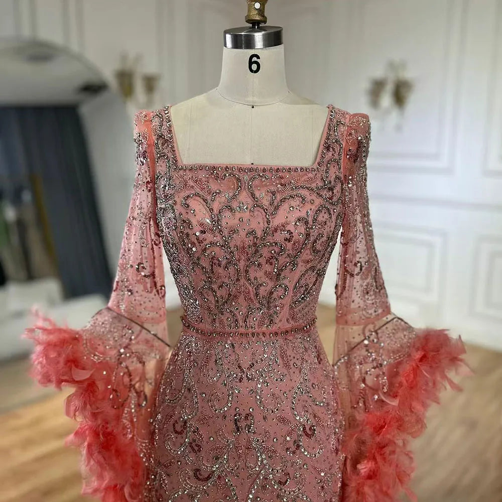 Luxury Dubai Flared Sleeves Mermaid Evening Gown with Turquoise Beads & Feathers - Formal Dresses for Prom, Gala & Special Occasions - LA72767