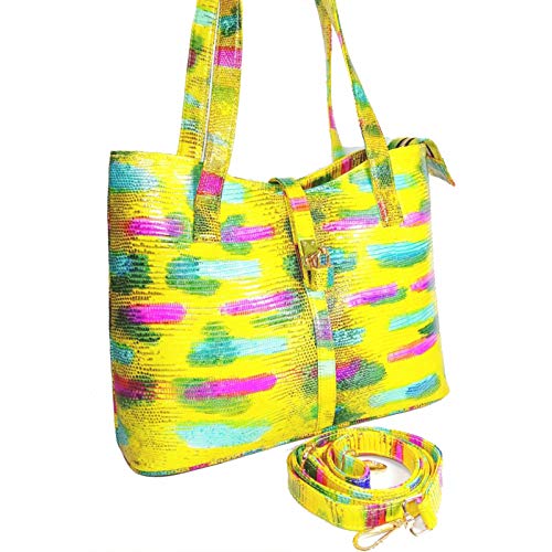 Stylish Monitor Lizard Skin Tote Bag for Women - Fashionable Yellow & Multicolor Handbag - Perfect for Work, Travel, and Everyday Use