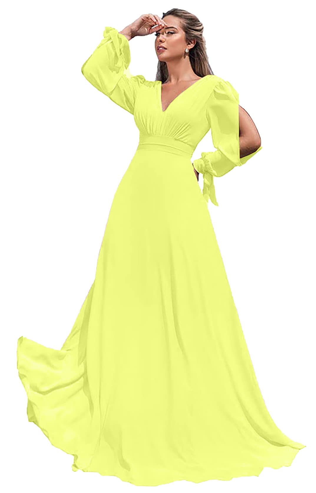 Elegant Long Sleeve Chiffon Bridesmaid Dresses for Women - A-Line Formal Wedding Party Gowns with Split - Perfect for Weddings, Proms, and Special Occasions