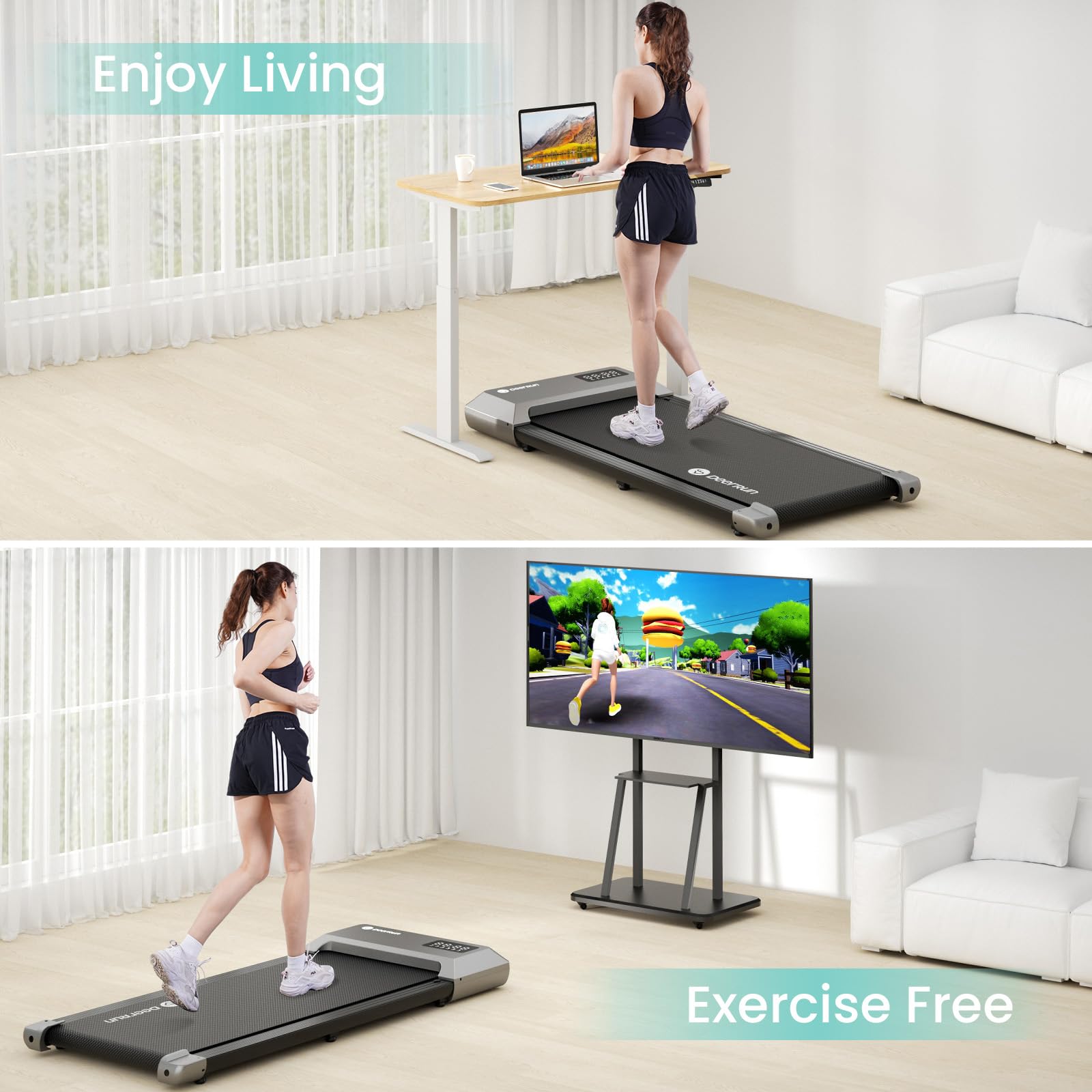 DeerRun 2-in-1 Under Desk Walking Pad Treadmill - 300LBS Capacity Portable Treadmill with LED Display & Remote Control for Home Office Workouts | Compact Space-Saving Design for Small Apartments & Home Gyms