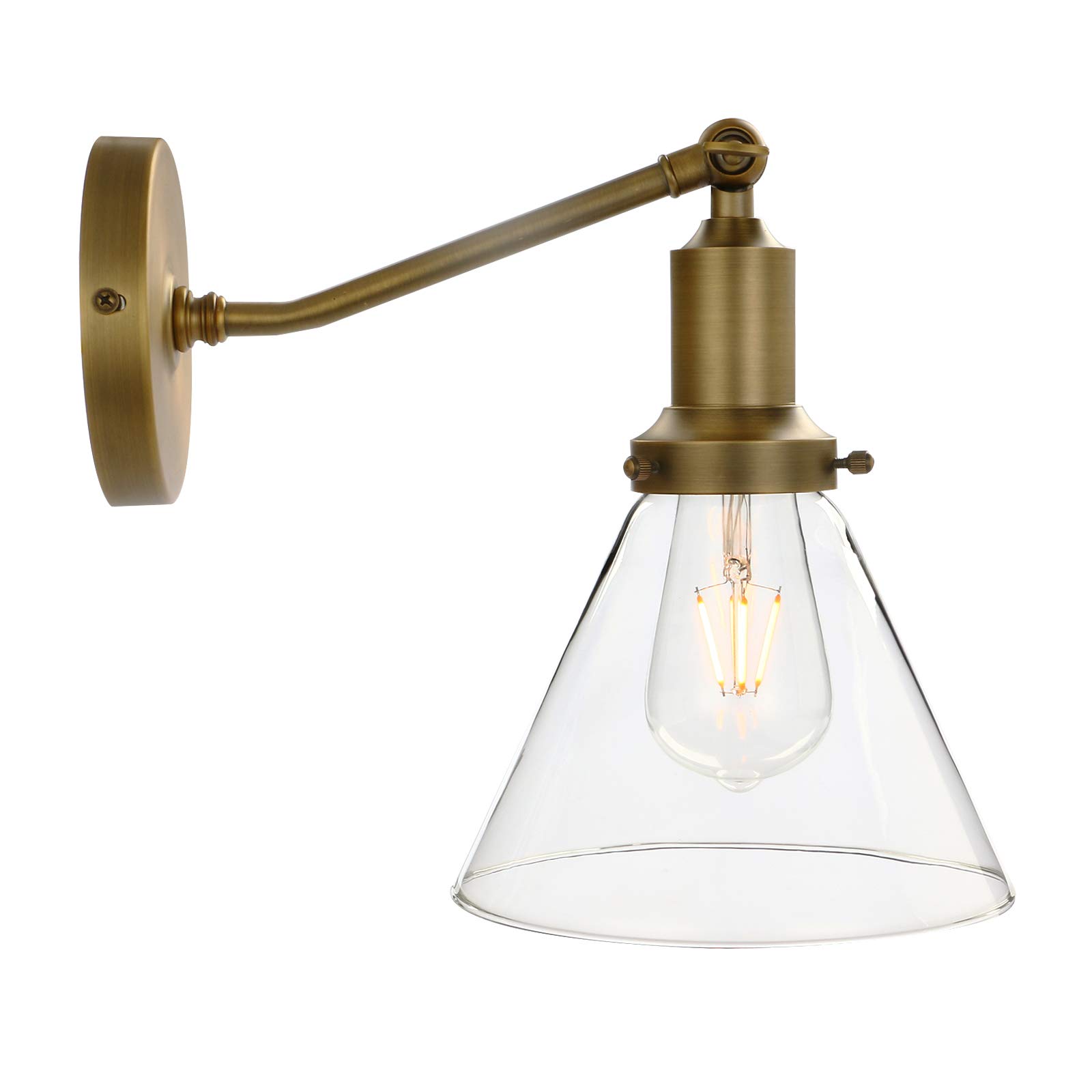 Vintage Industrial Wall Sconce Light Fixture - Antique Slope Pole Mount with Clear Funnel Flared Glass Shade - Perfect for Farmhouse, Loft & Industrial Style Home Decor