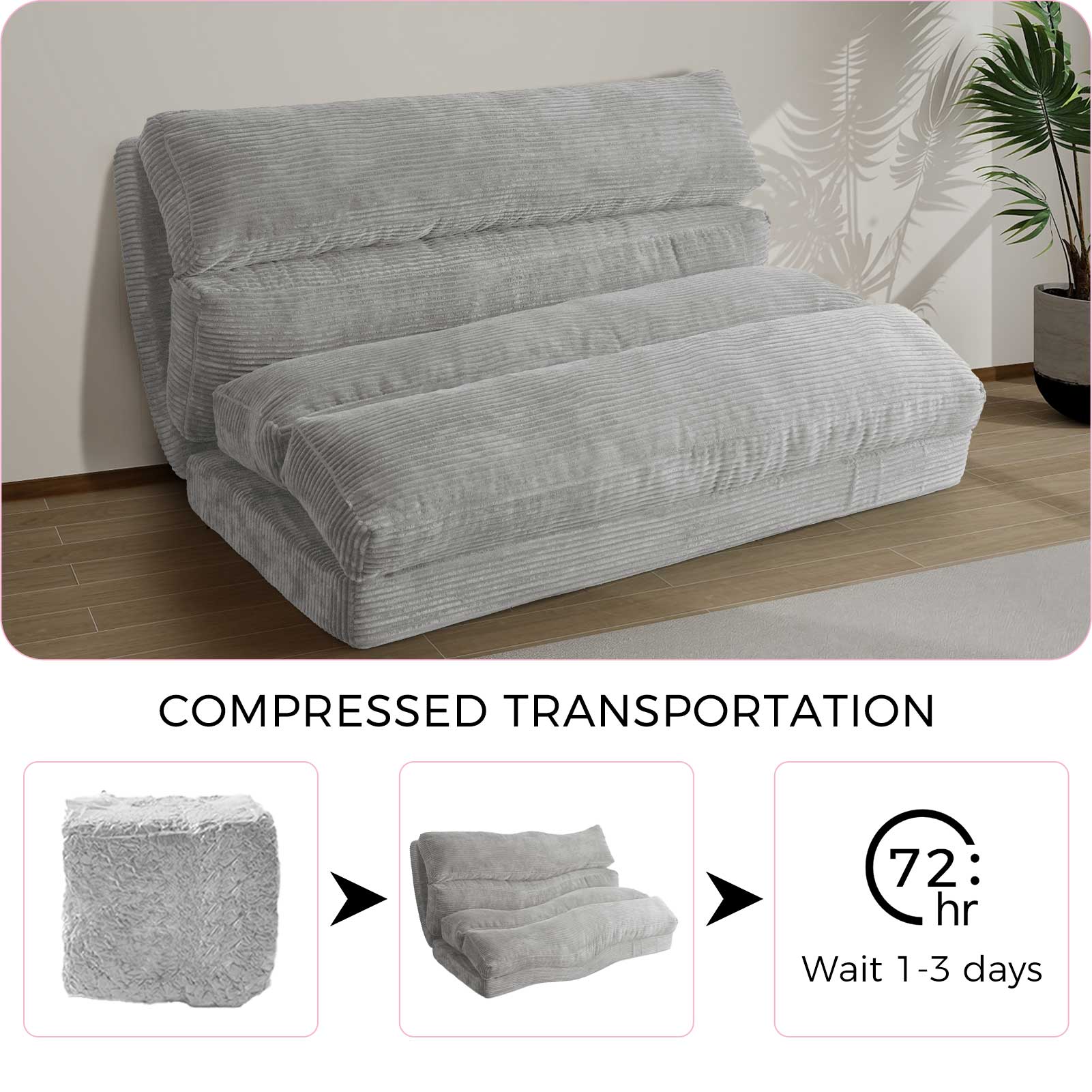 MAXYOYO Folding Sofa Bed - Corduroy Convertible Floor Mattress for Small Spaces, Light Gray | Perfect for Guest Rooms, Apartments & Studio Living