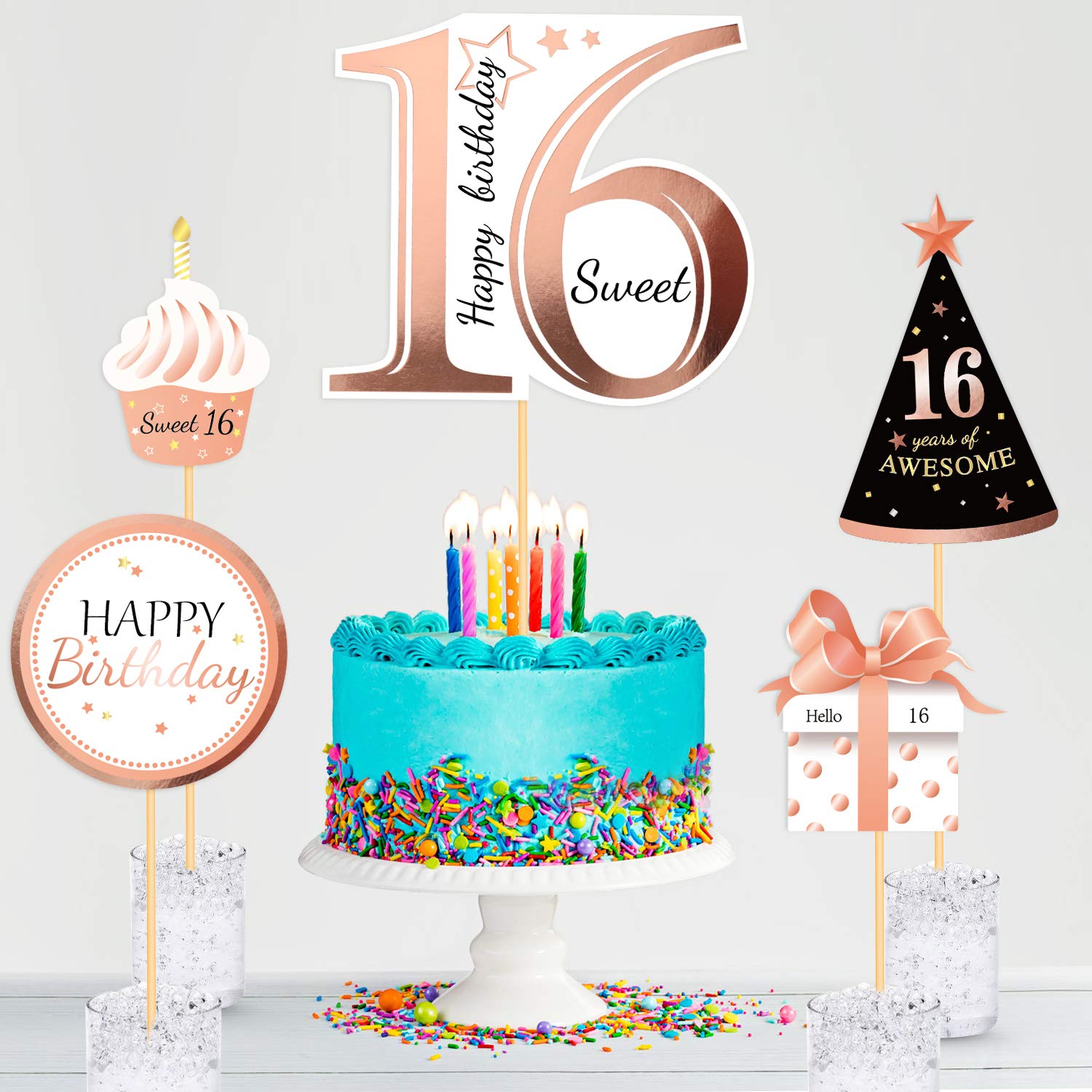 Konsait Rose Gold 16th Birthday Centerpiece Sticks - Sweet 16 Table Decorations - Party Favors & Cake Toppers for 16th Birthday Celebrations - Perfect for Sweet 16 Parties, Quinceañeras & Milestone Birthday Decor