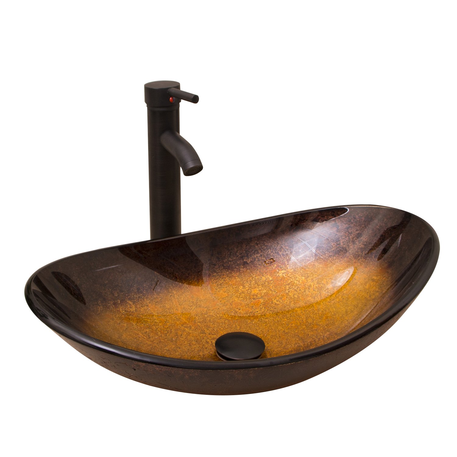 Artistic Oval Glass Vessel Sink for Bathroom with Oil-Rubbed Bronze Faucet & Drain - Modern Boat-Shaped Bathroom Vanity Sink for Luxury Home Decor & Spa Retreats