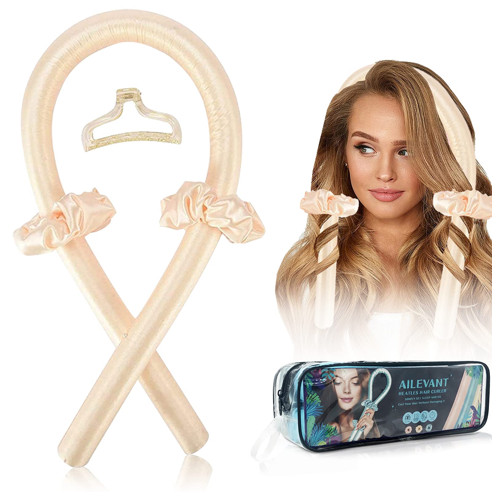 Heatless Hair Curlers for Women - No Heat Silk Curls Headband for Overnight Sleeping, Soft Foam Hair Rollers with Curling Ribbon & Flexi Rods for Long Natural Hair (Rose) - Perfect for Beach Waves, Date Night & Special Occasions