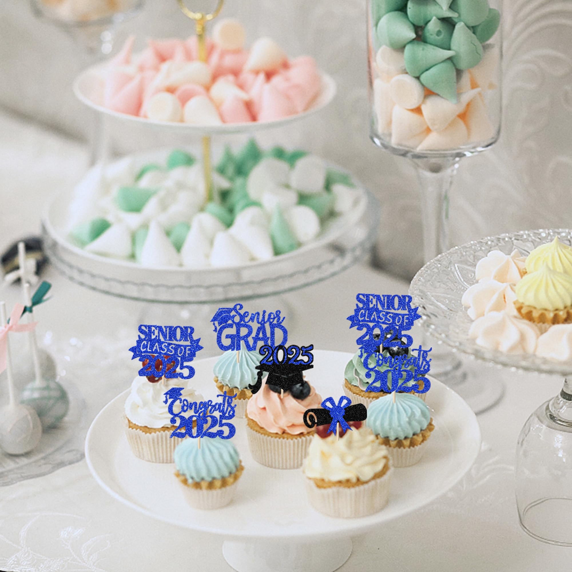 30 Pack Graduation 2025 Cupcake Toppers - Glitter Senior Class of 2025 Cake Decorations - Diploma Cupcake Picks for Graduation Party Supplies (Blue) - Perfect for High School & College Graduation Celebrations