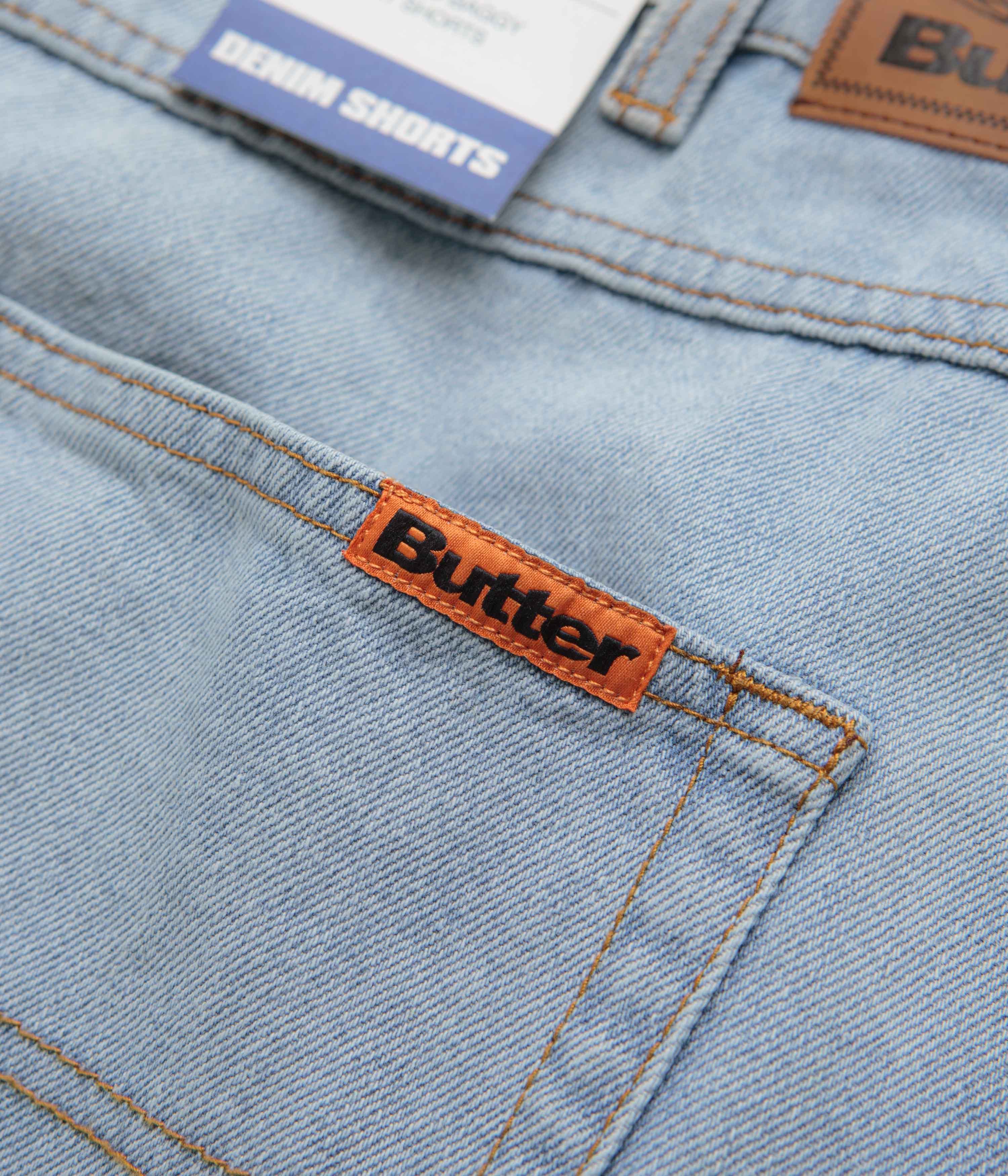 Butter Goods Baggy Denim Shorts for Men - Light Blue Washed Distressed Denim Shorts | Casual Streetwear, Summer Outfits, Beach Style