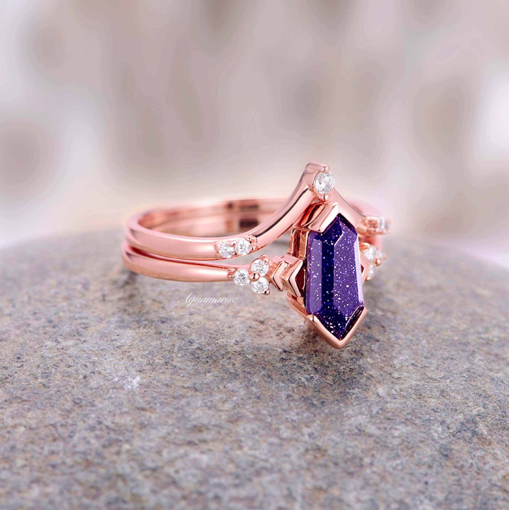 14K Rose Gold Vermeil Galaxy Sandstone Ring - Starry Night Design for Women, Perfect for Evening Parties, Date Nights & Special Occasions